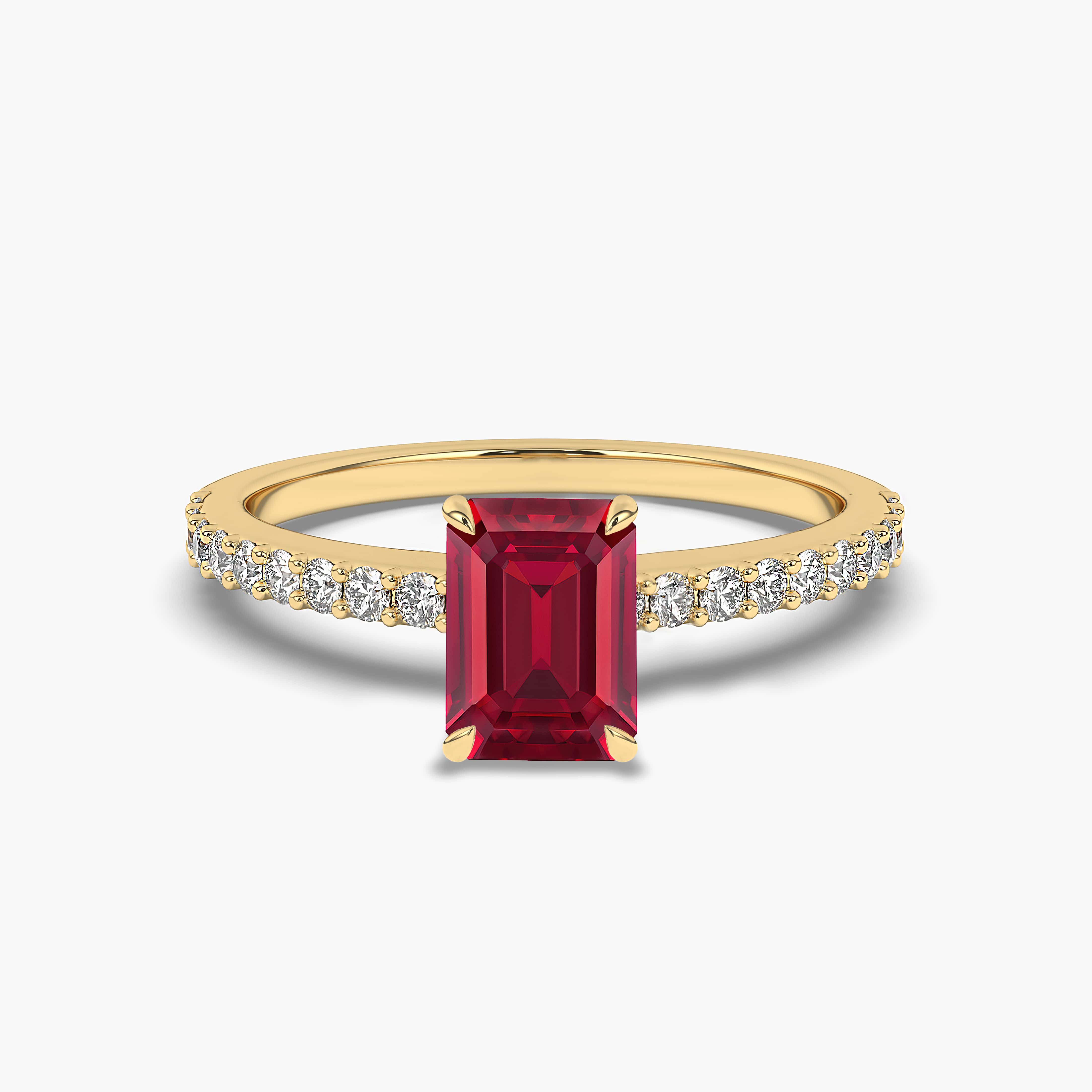 EMERALD CUT RUBY RING SIDE STONE WITH DIAMONDS