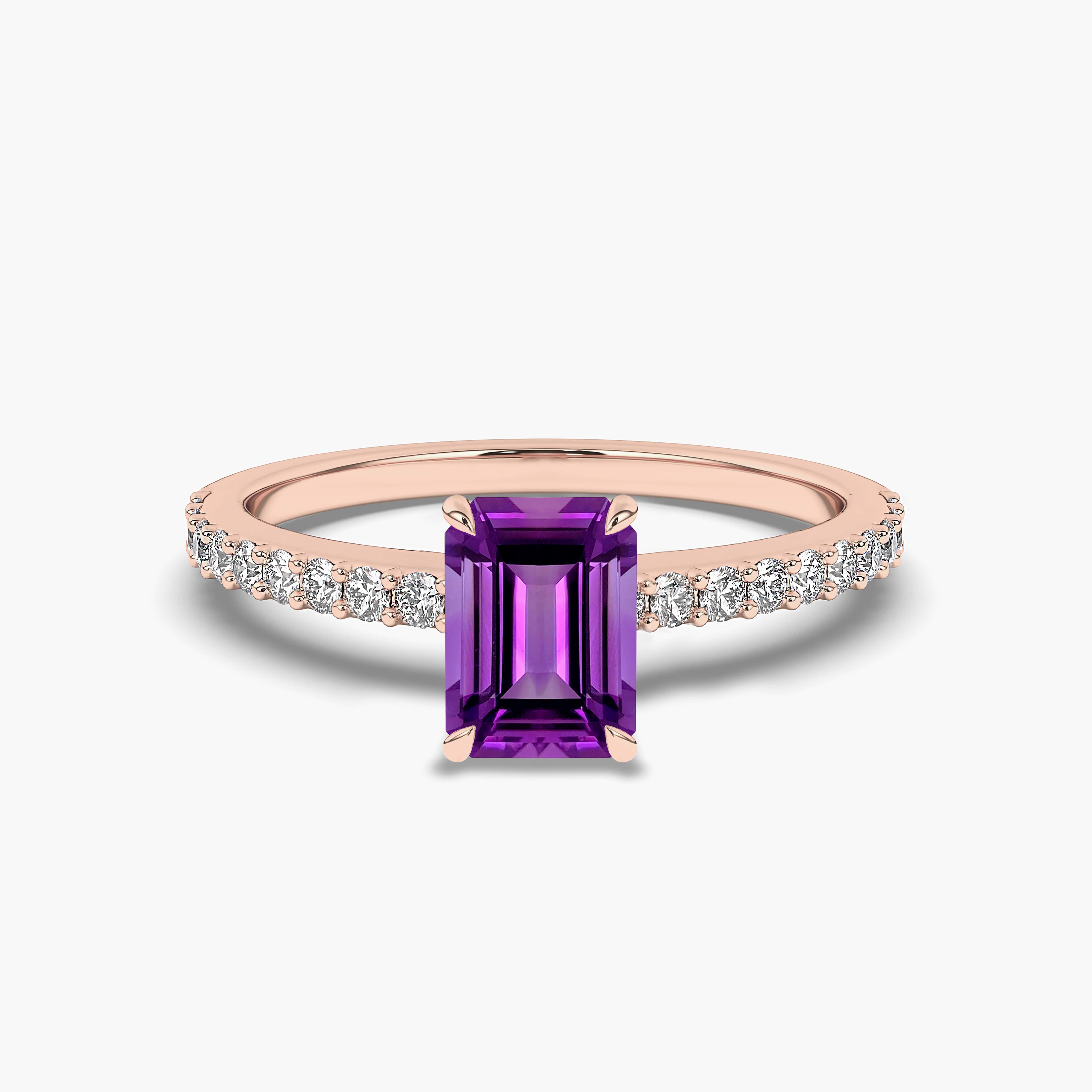 Emerald Cut Amethyst with Gemstone Side Stone Ring In Rose Gold
