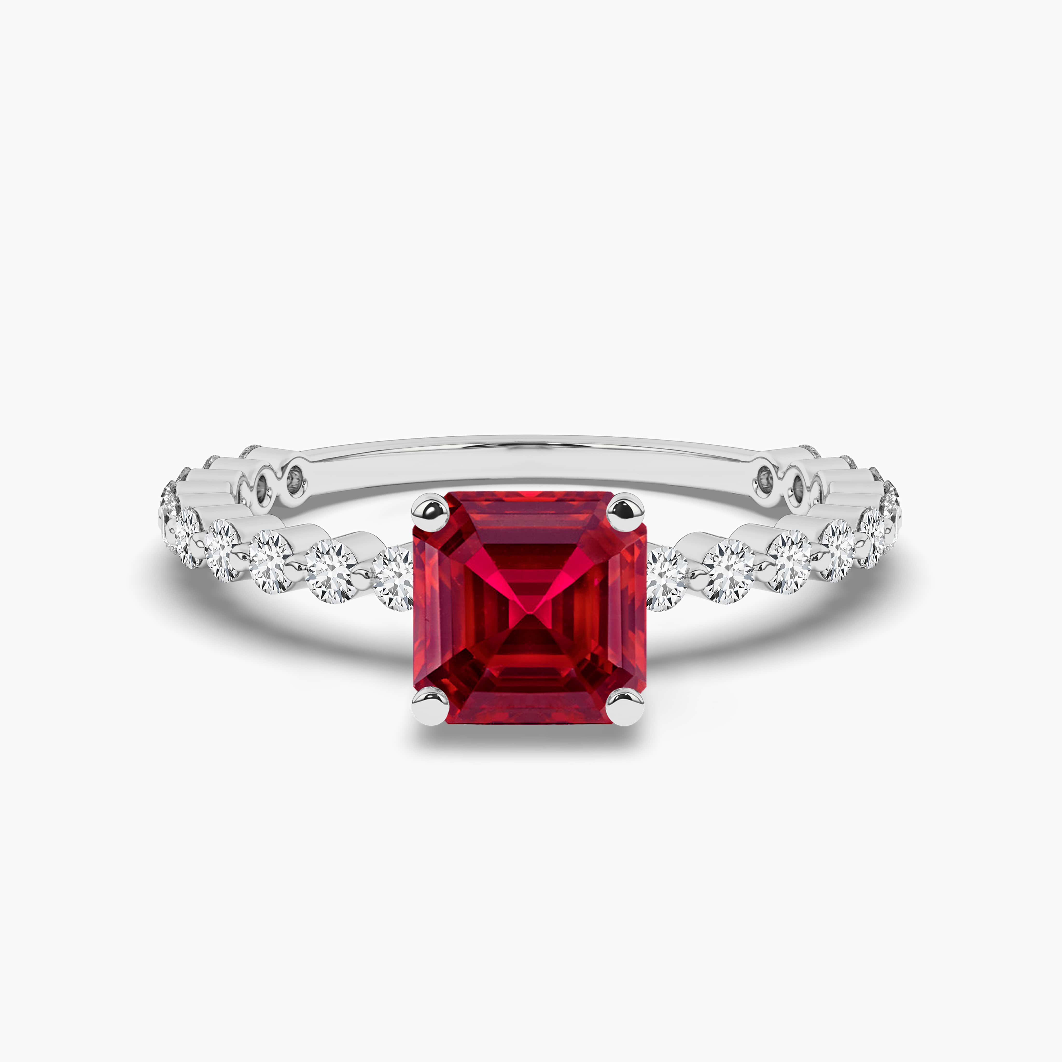 Asscher Cut Created Ruby Solitaire Engagement Ring with Diamond Side Stones