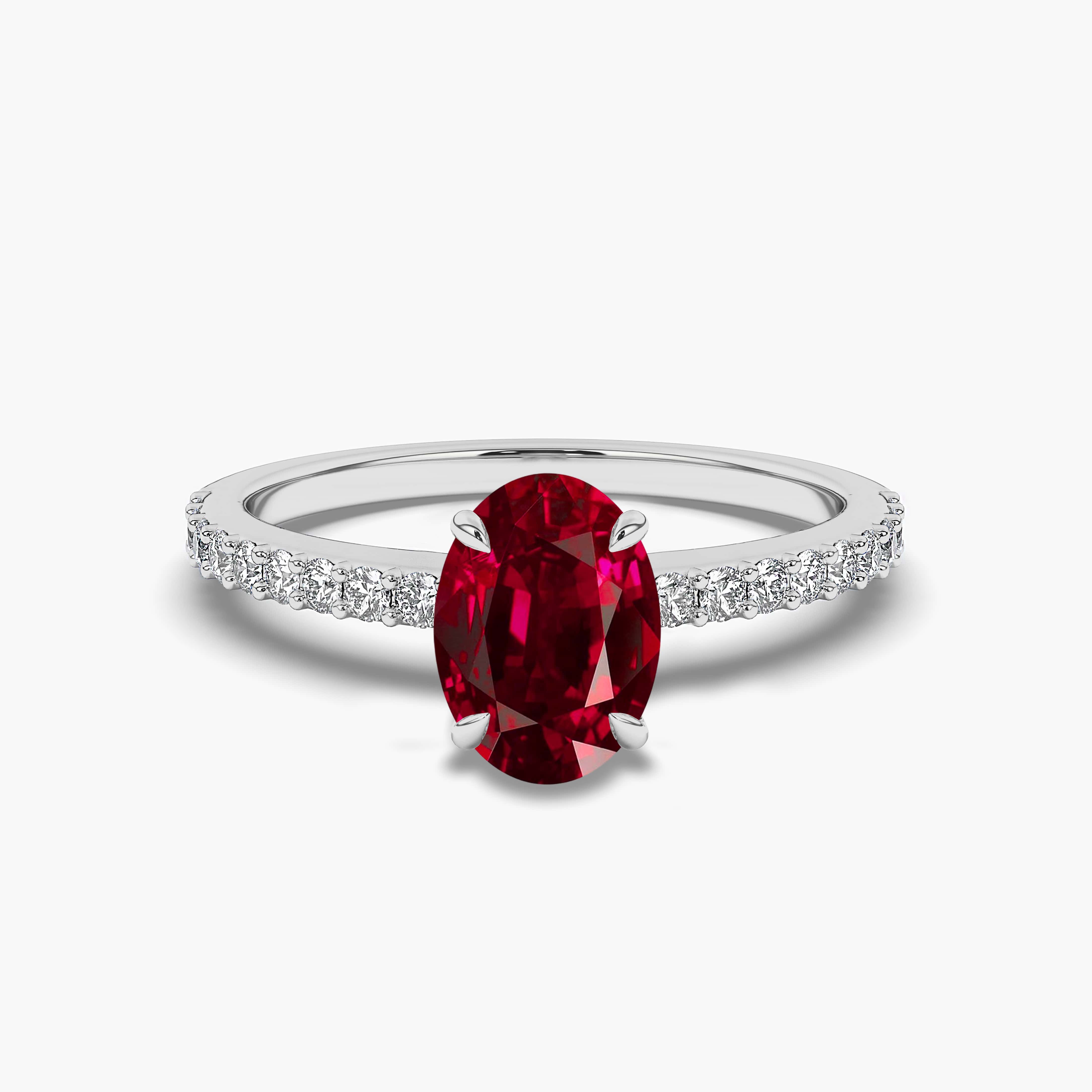  Oval Cut Diamond Engagement Ring With Ruby Side Stones In White Gold