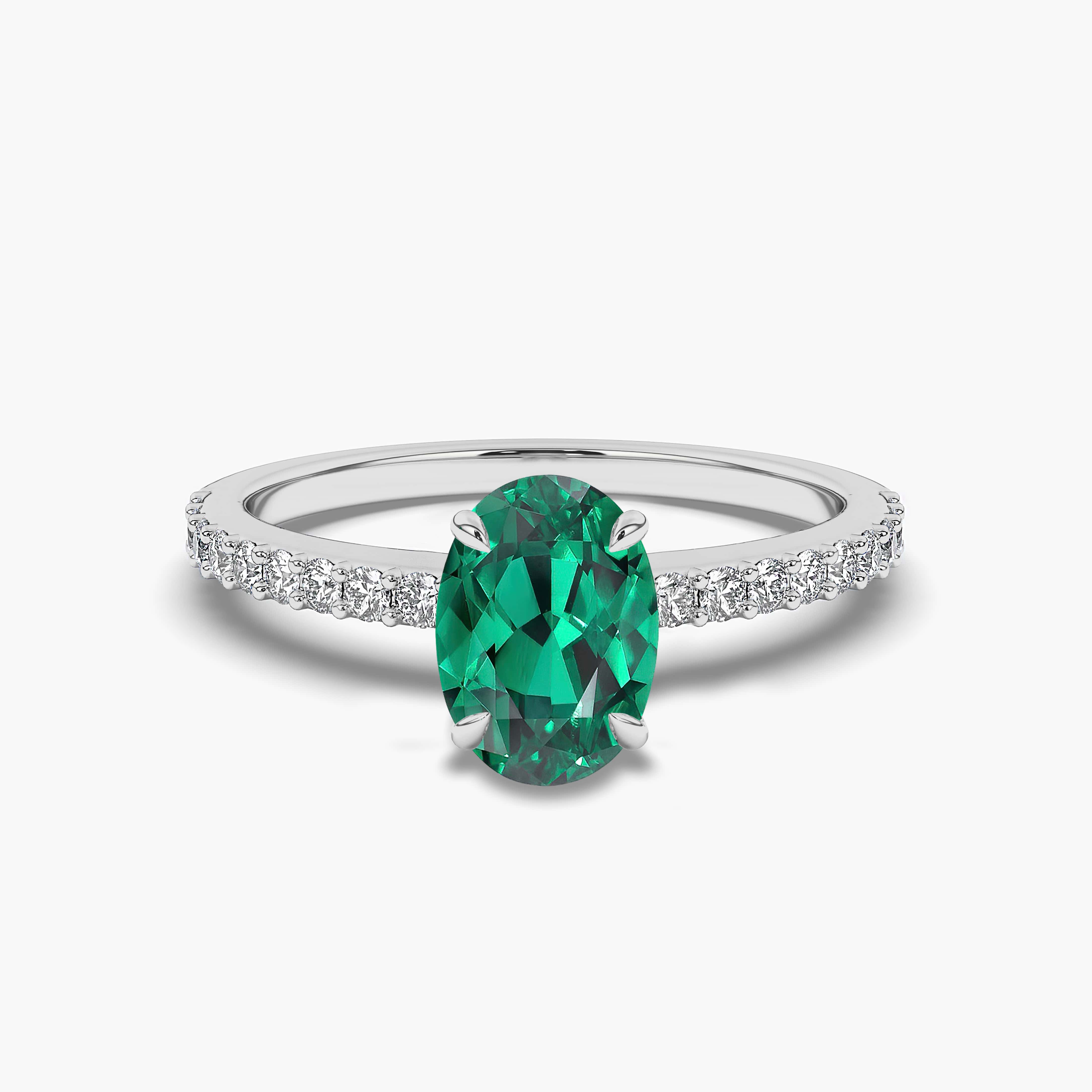 OVAL CUT DIAMOND ENGAGEMENT RING EMERALD ACCENTS WHITE GOLD