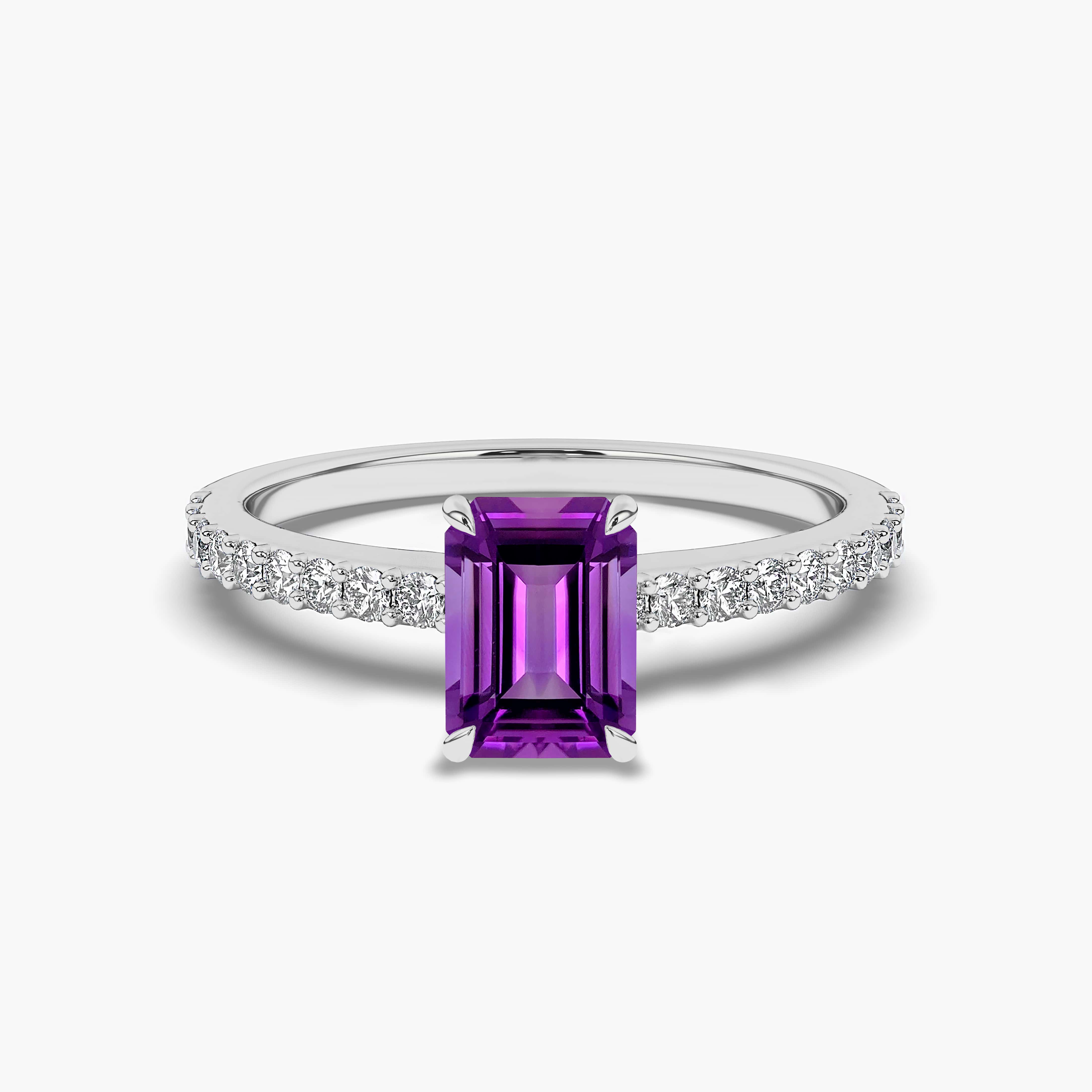 Emerald Cut Amethyst with Gemstone Side Stone Ring White Gold For Woman