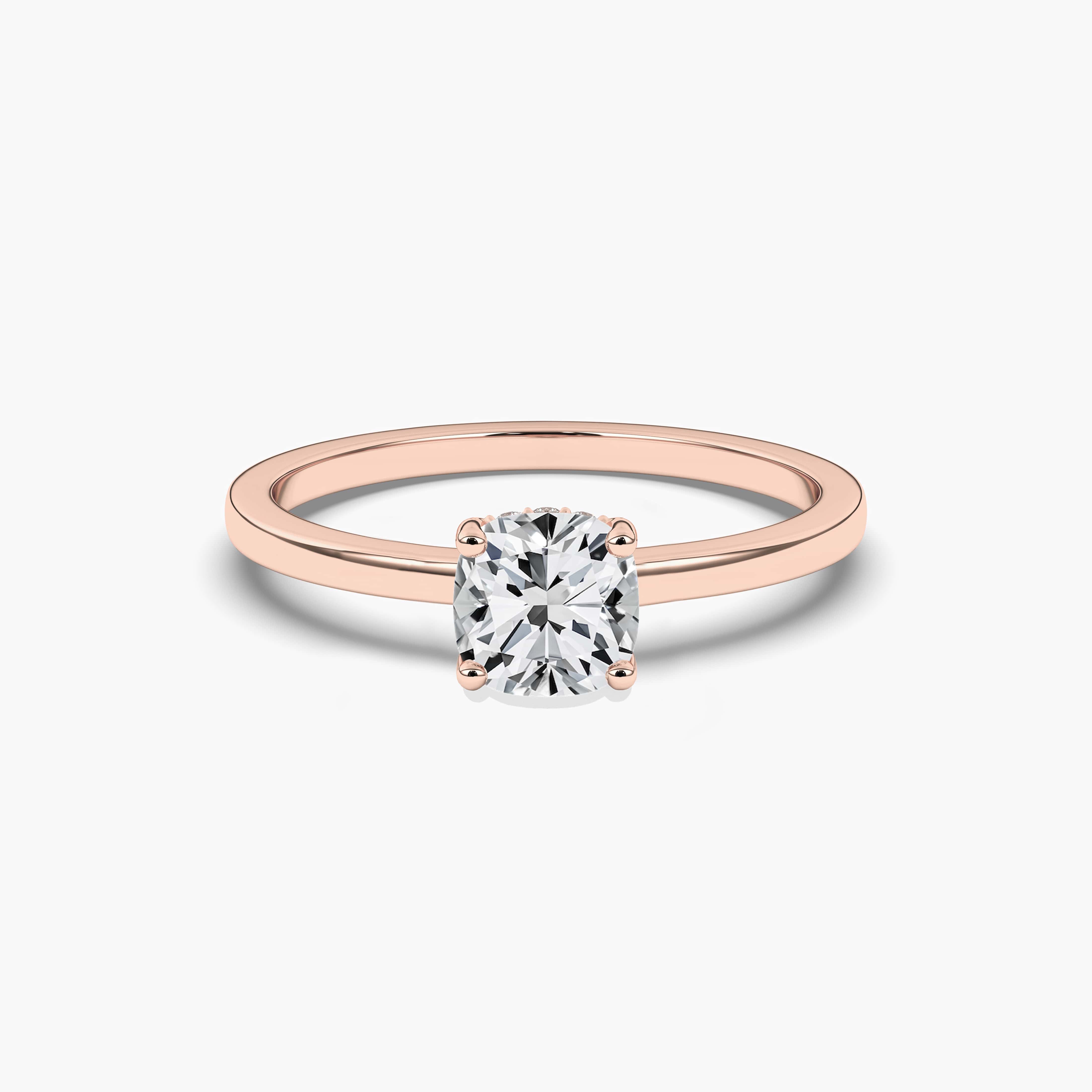 Rose Gold Cushion Cut Solitaire Hidden Halo Ring 