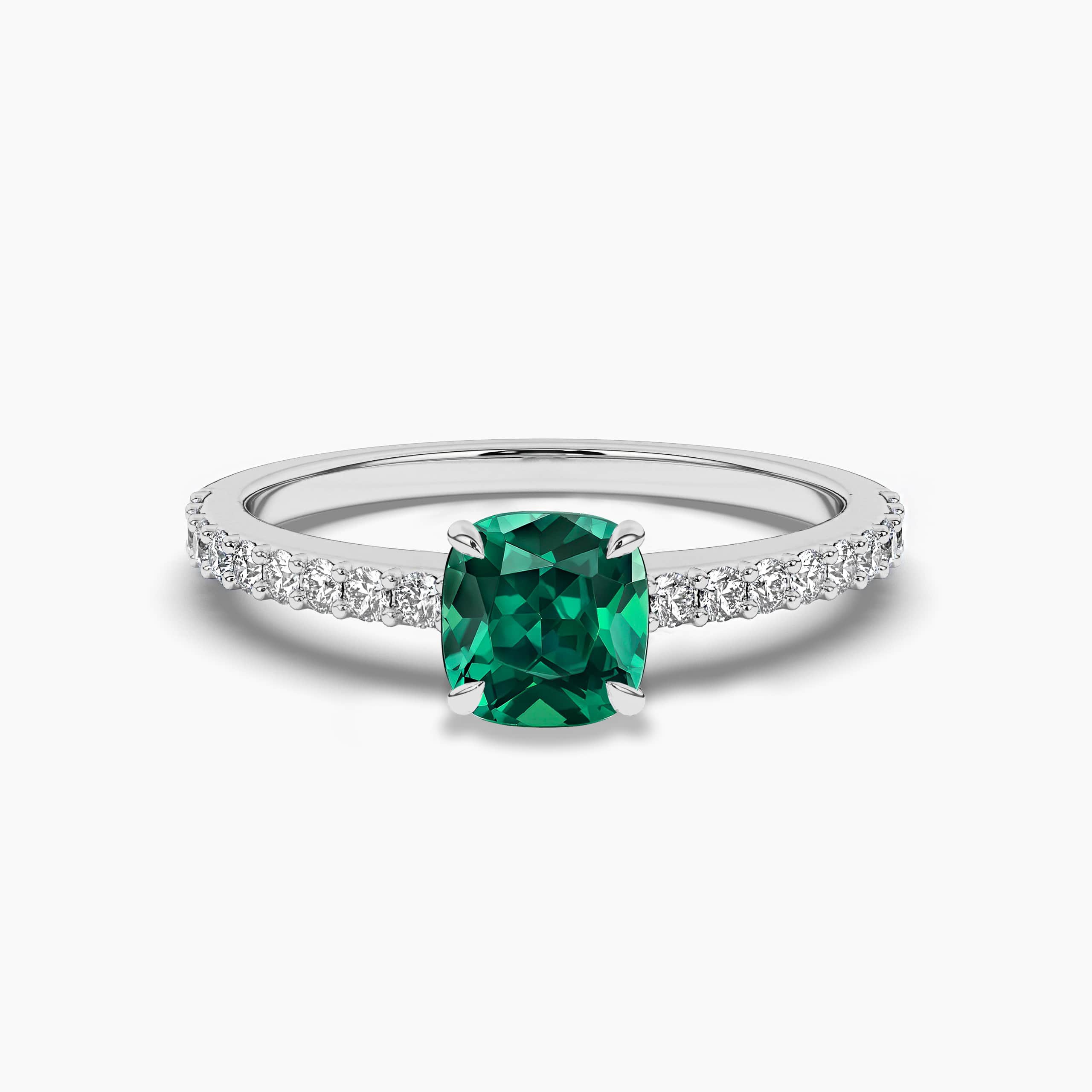 Cushion Cut Emerald and Diamond Engagement Ring White Gold