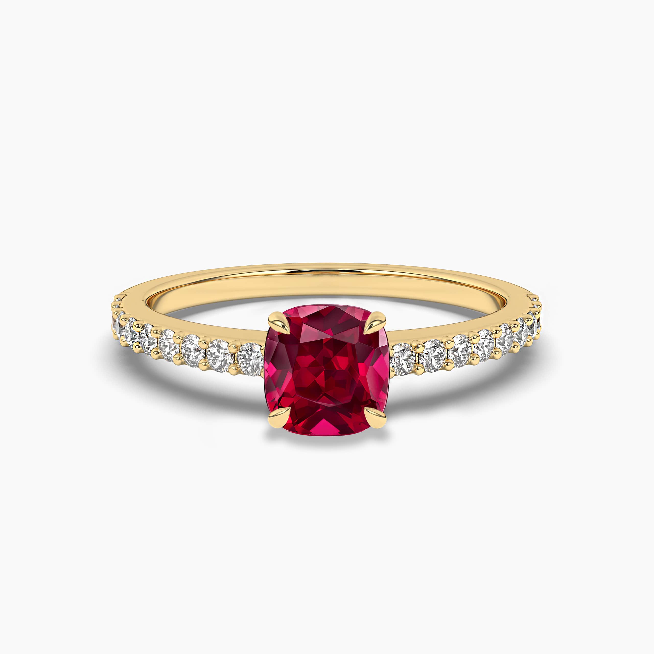 Ruby Cushion Cut Diamond Yellow Gold Engagement Ring