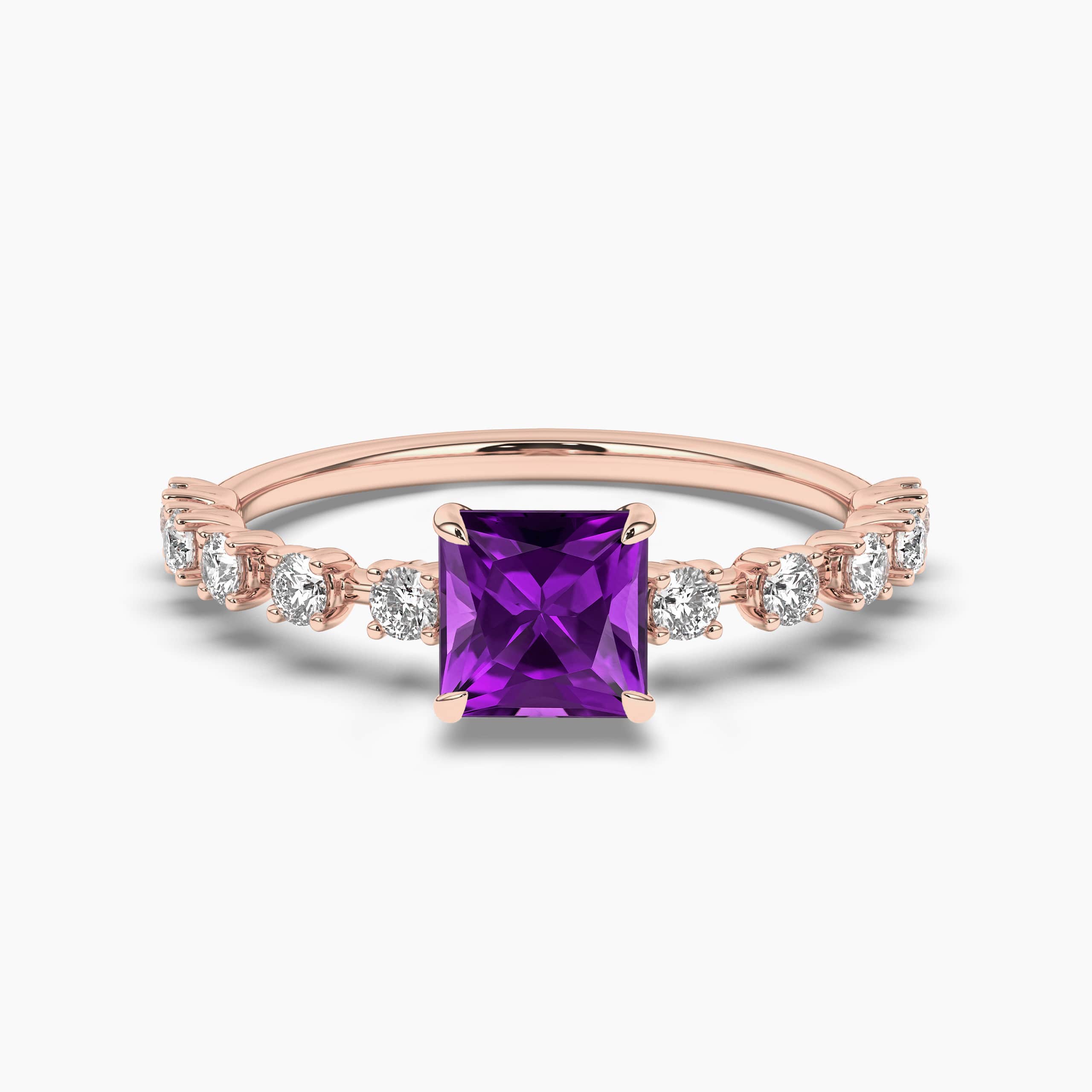 PRINCESS AMETHYST & DIAMOND SINGLE ROW HIDDEN ENGAGEMENT RING ROSE GOLD