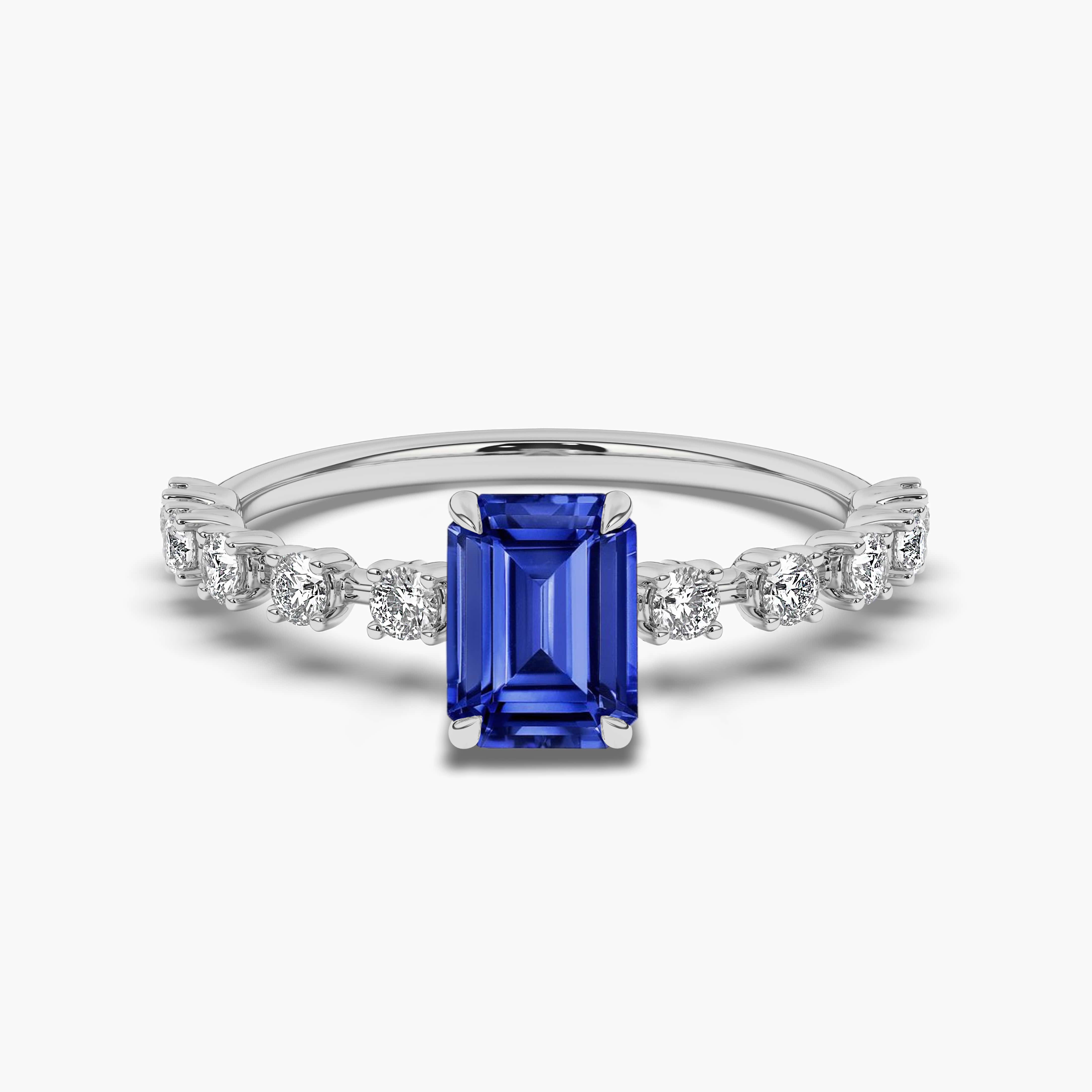 Blue sapphire emerald cut and diamond White gold ring