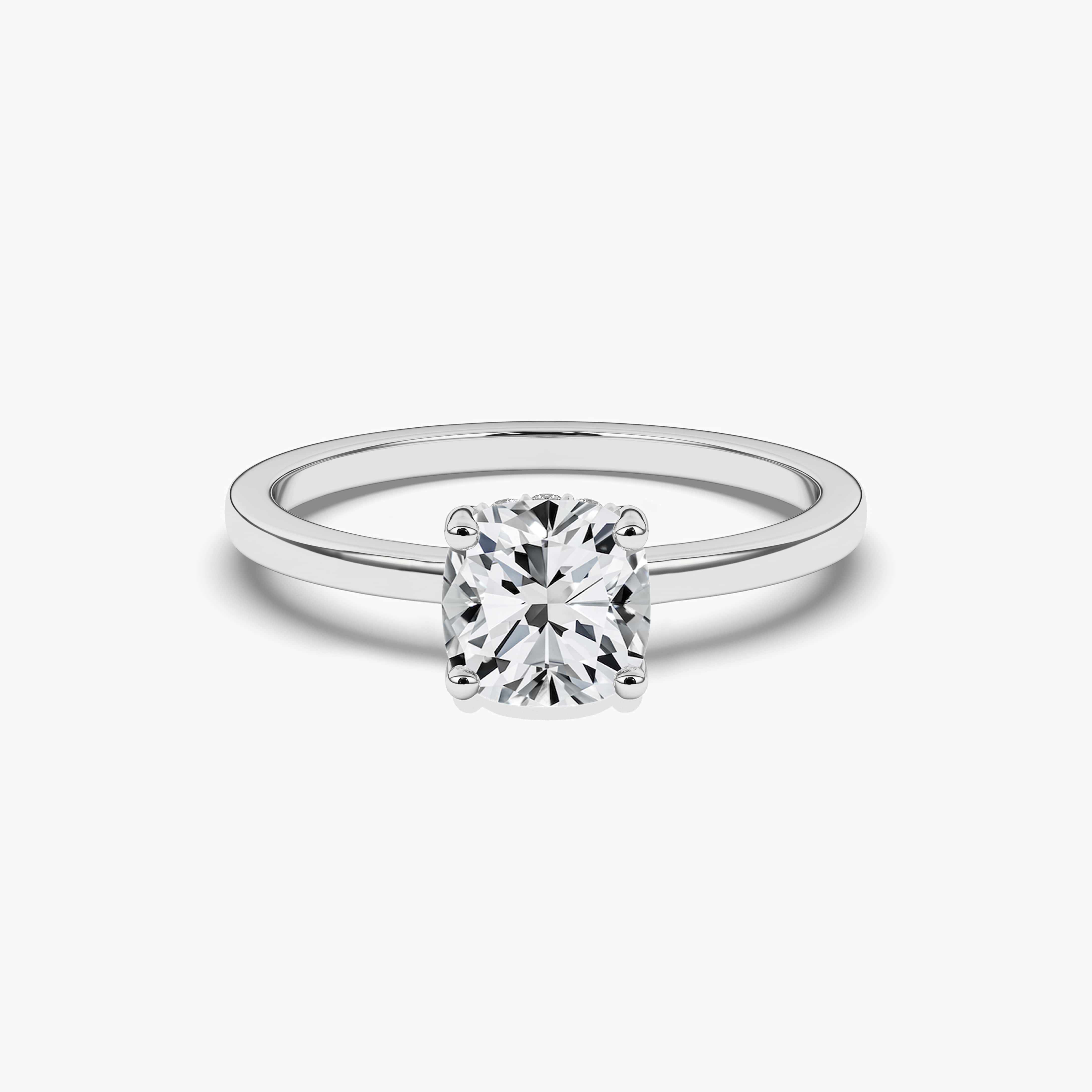 white gold cushion cut solitaire hidden halo ring 