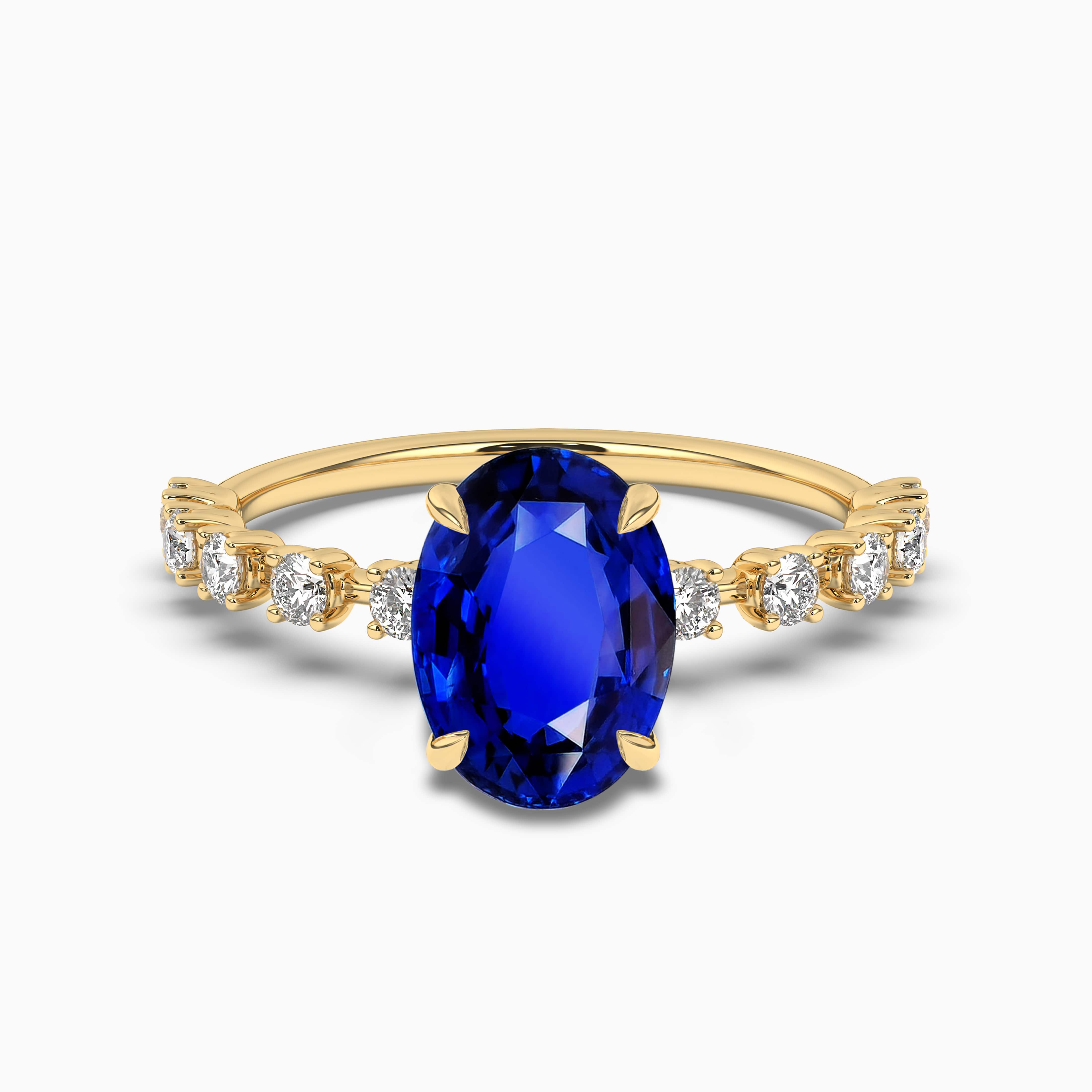 BLUE OVAL SAPPHIRE TRILOGY ENGAGEMENT RING YELLOW GOLD