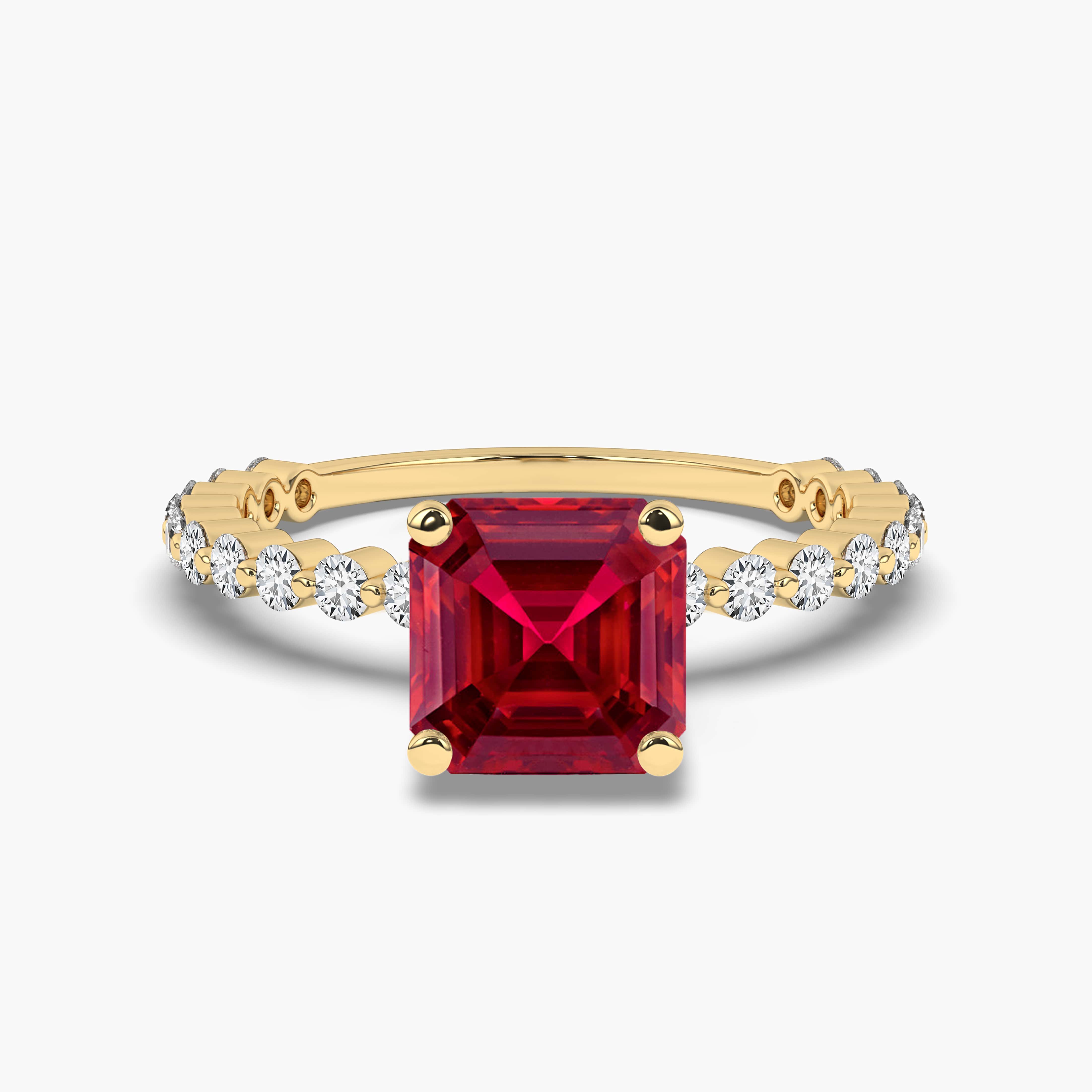 Ruby Asscher Cut Yellow Gold Side Stone Engagement Ring