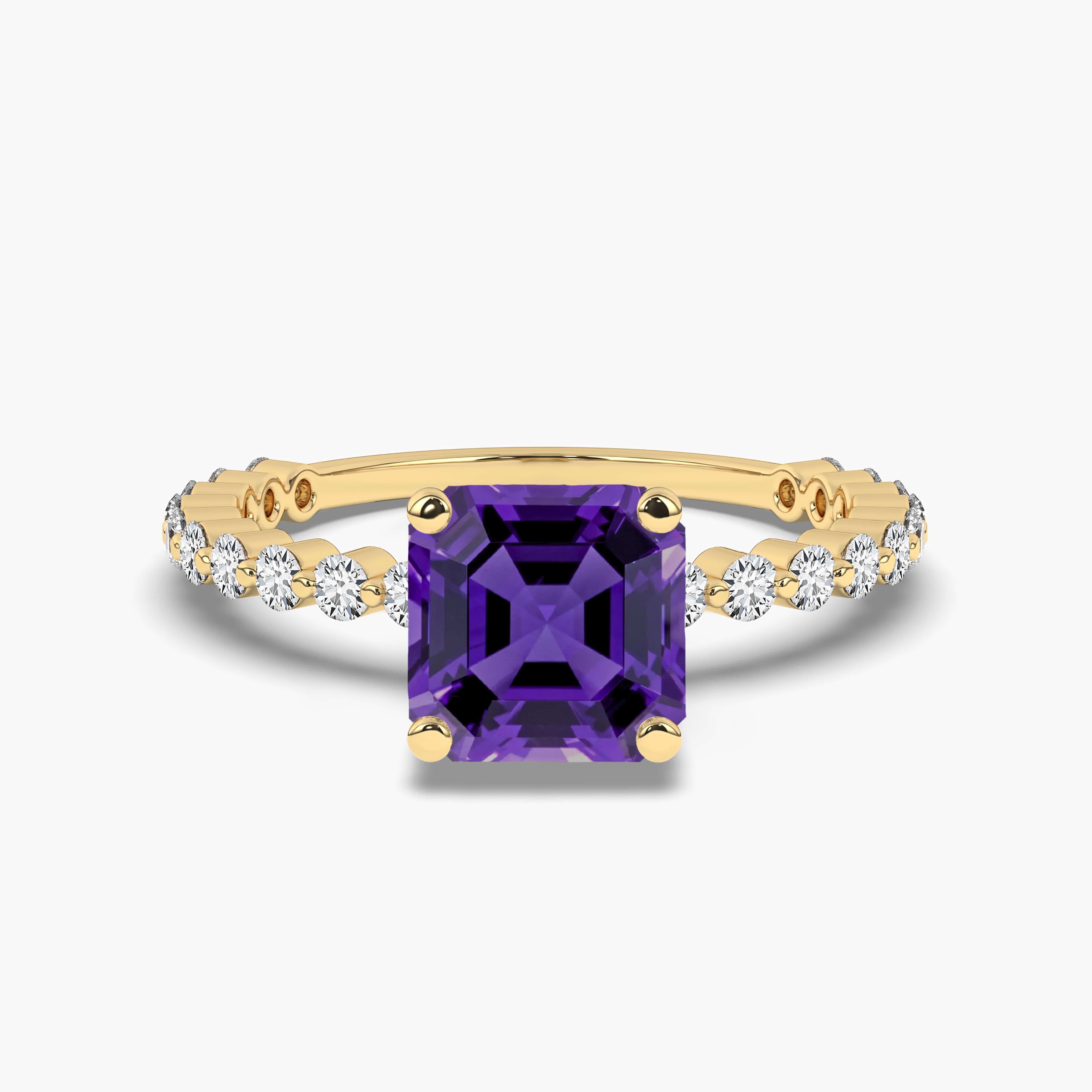 Asscher Cut Amethyst and Round Diamond Engagement Ring In Yellow Gold