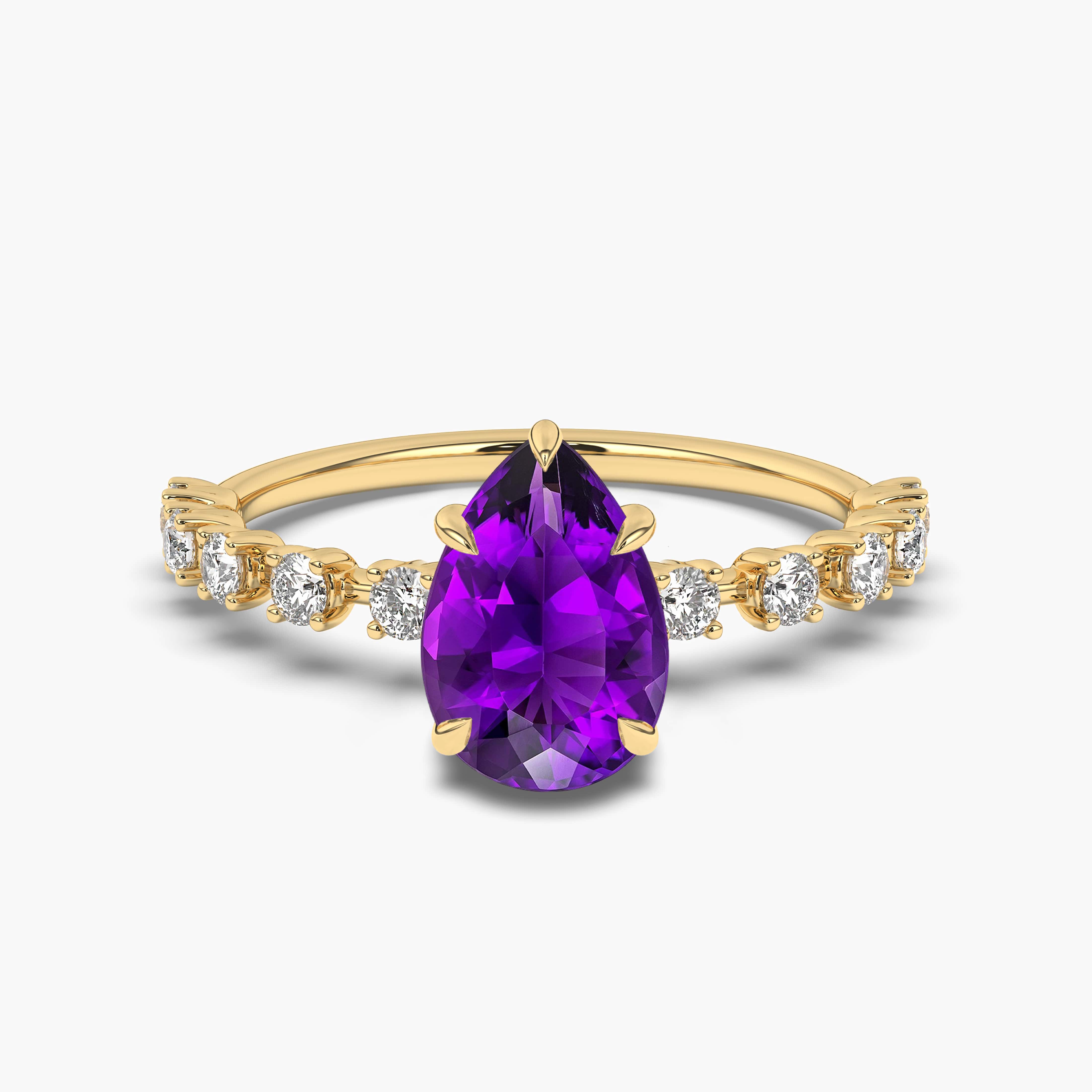 Pear Shaped Amethyst Solitaire Ring In Yellow Gold
