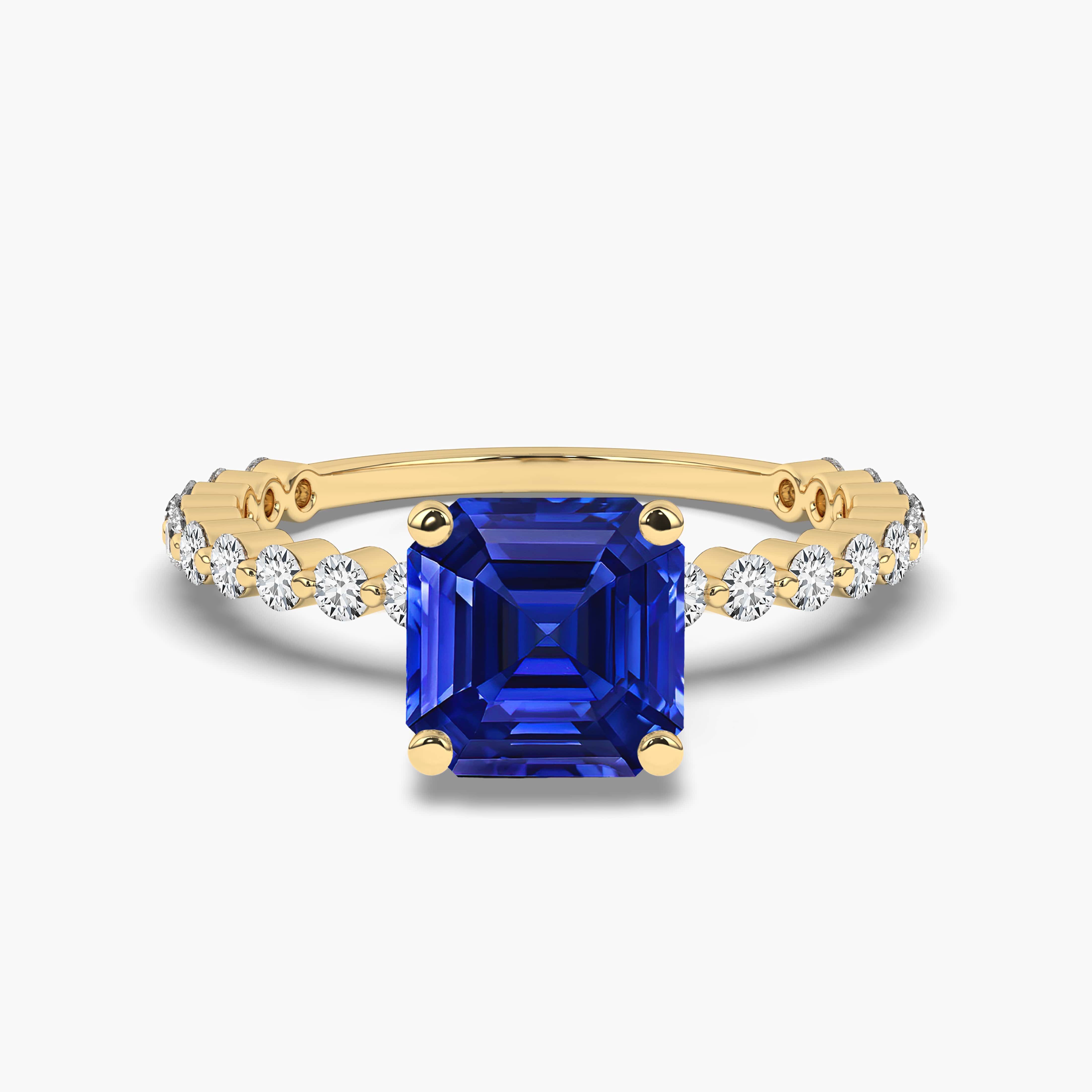 Yellow Gold Asscher Blue Sapphire Side Stone with Diamond 