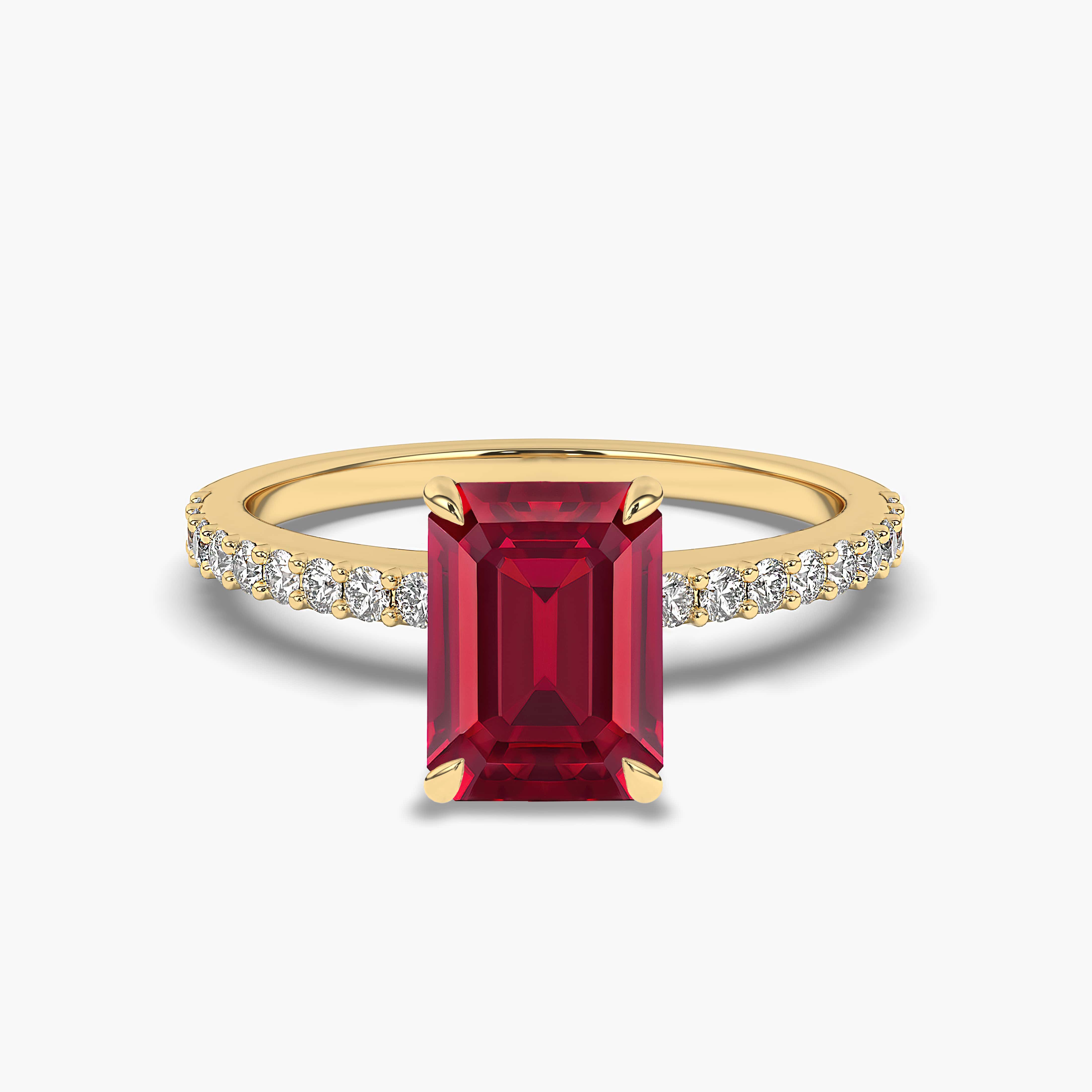 Emerald Ruby Solitaire Ring with Diamond Side Stones Yellow Gold,