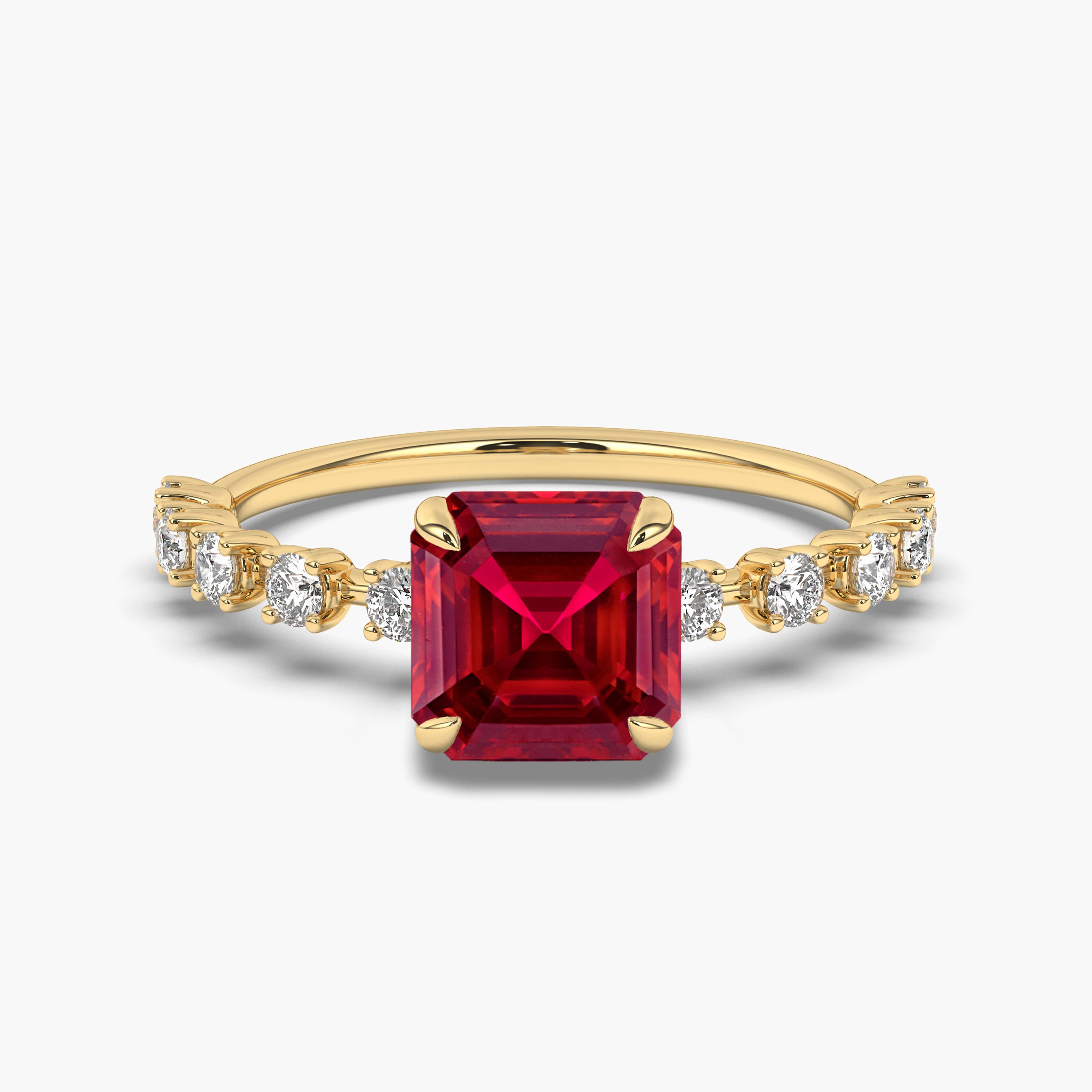 Ruby Asscher Cut Yellow Gold Side Stone Engagement Ring