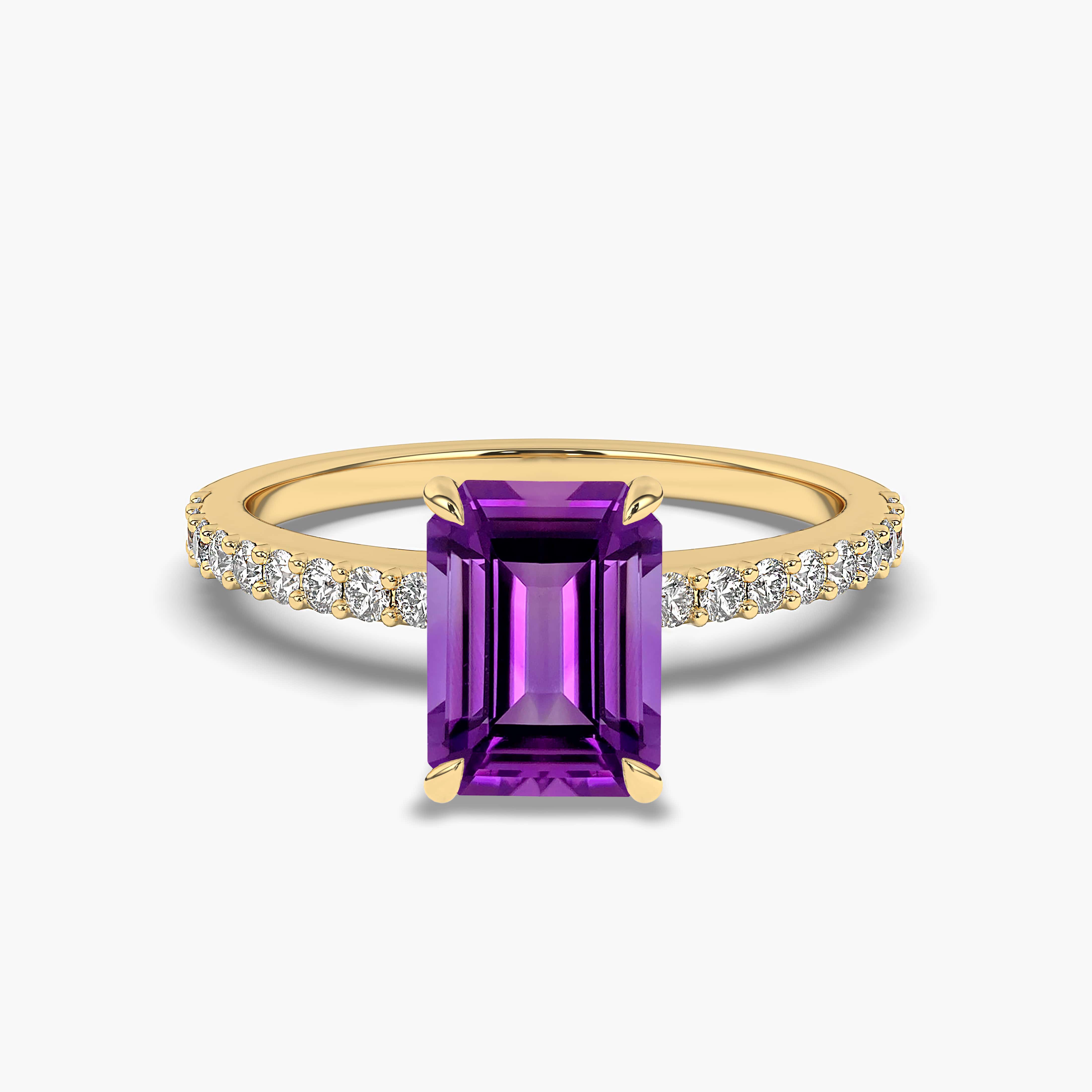 Emerald Cut Amethyst Ring with Diamond Side Stones in Yellow Gold