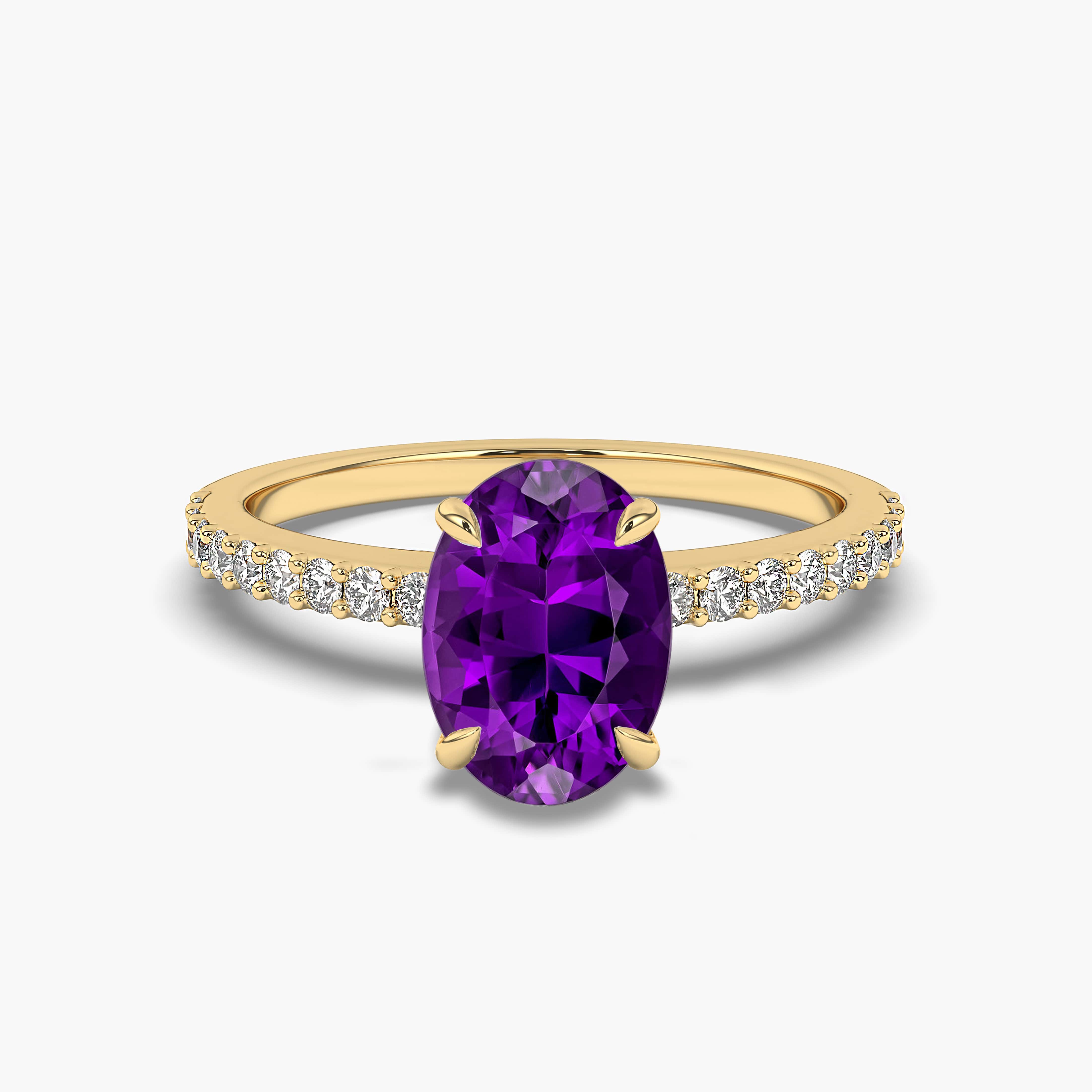 OVAL AMETHYST & DIAMOND SIDE STONE ENGAGEMENT RING YELLOW GOLD
