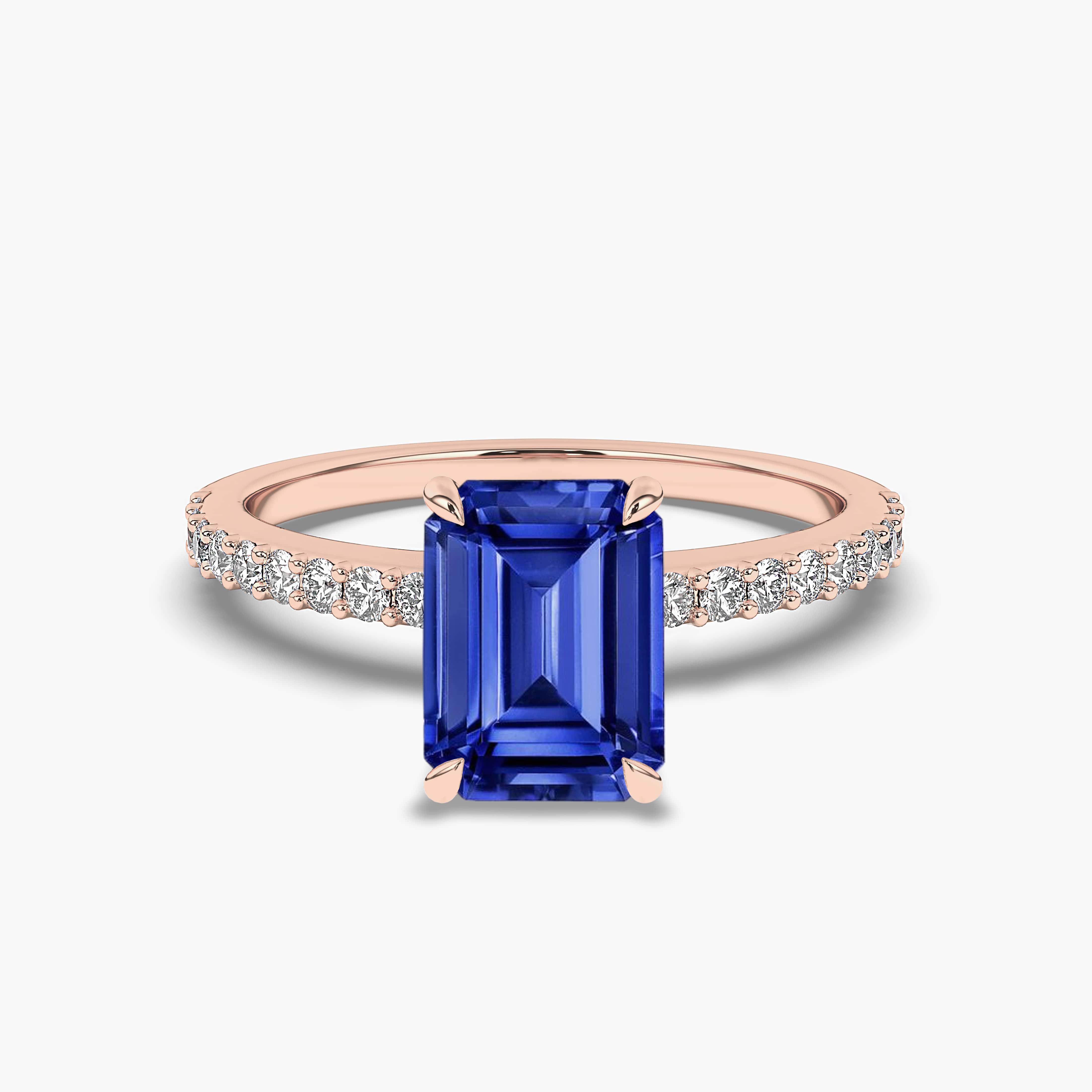 Rose Gold Emerald Cut Diamond And Blue Sapphire Engagement Ring