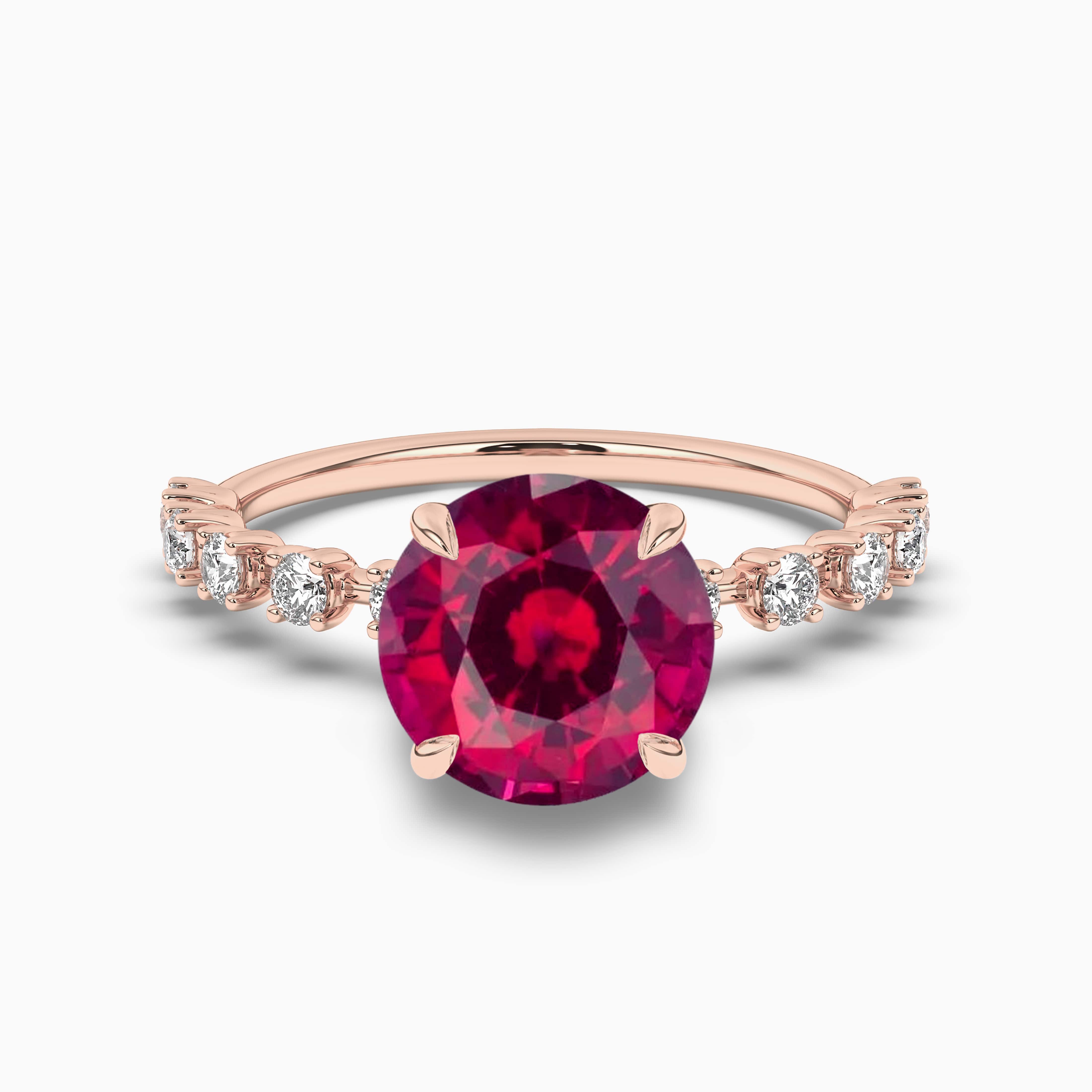 ROUND CUT RED RUBY GEMSTONE   ENGAGEMENT RING WITH ROUND WHITE DIAMOND ACCENTS IN ROSE GOLD  