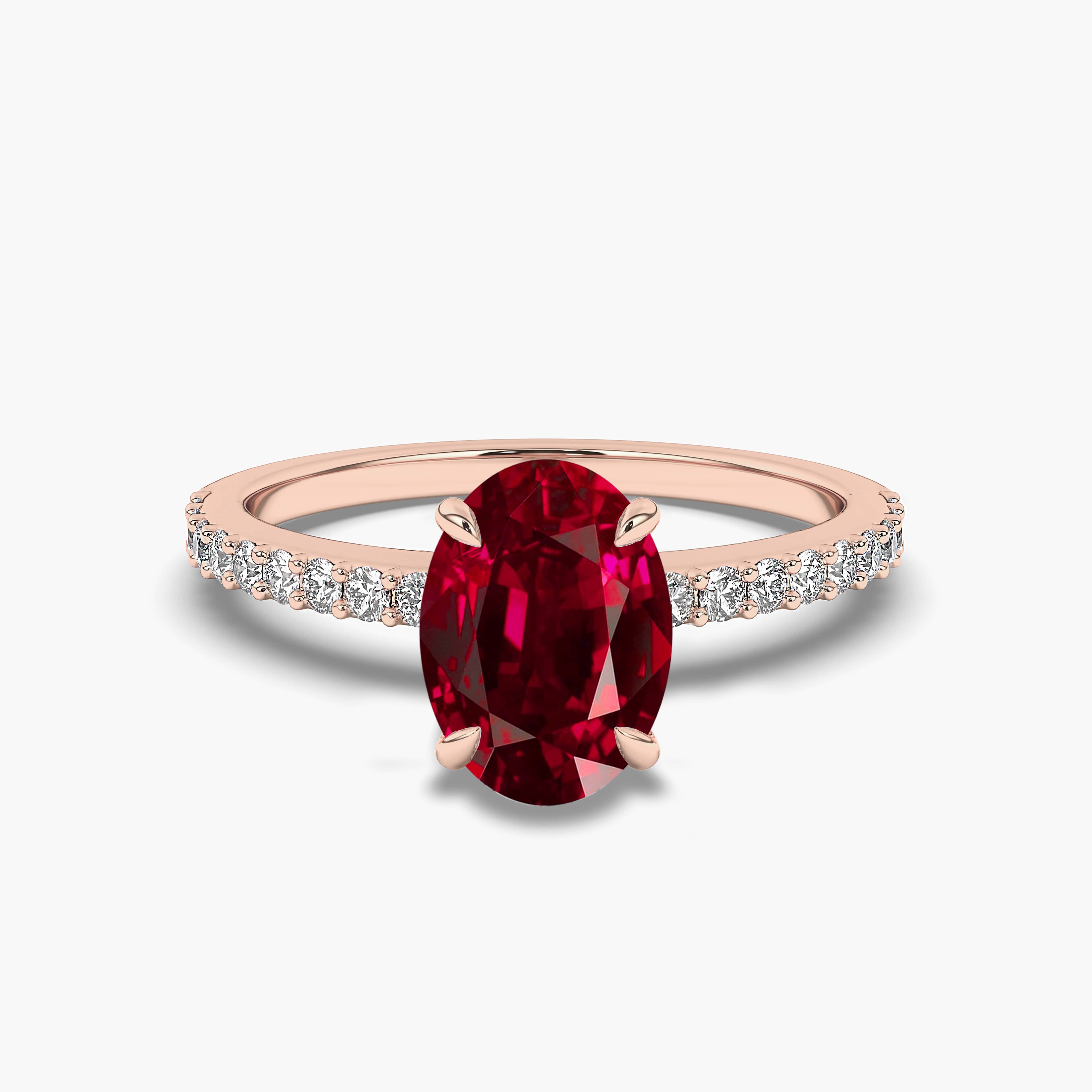 Ruby Oval Cut Engagement Ring with Side Stone In Rose Gold