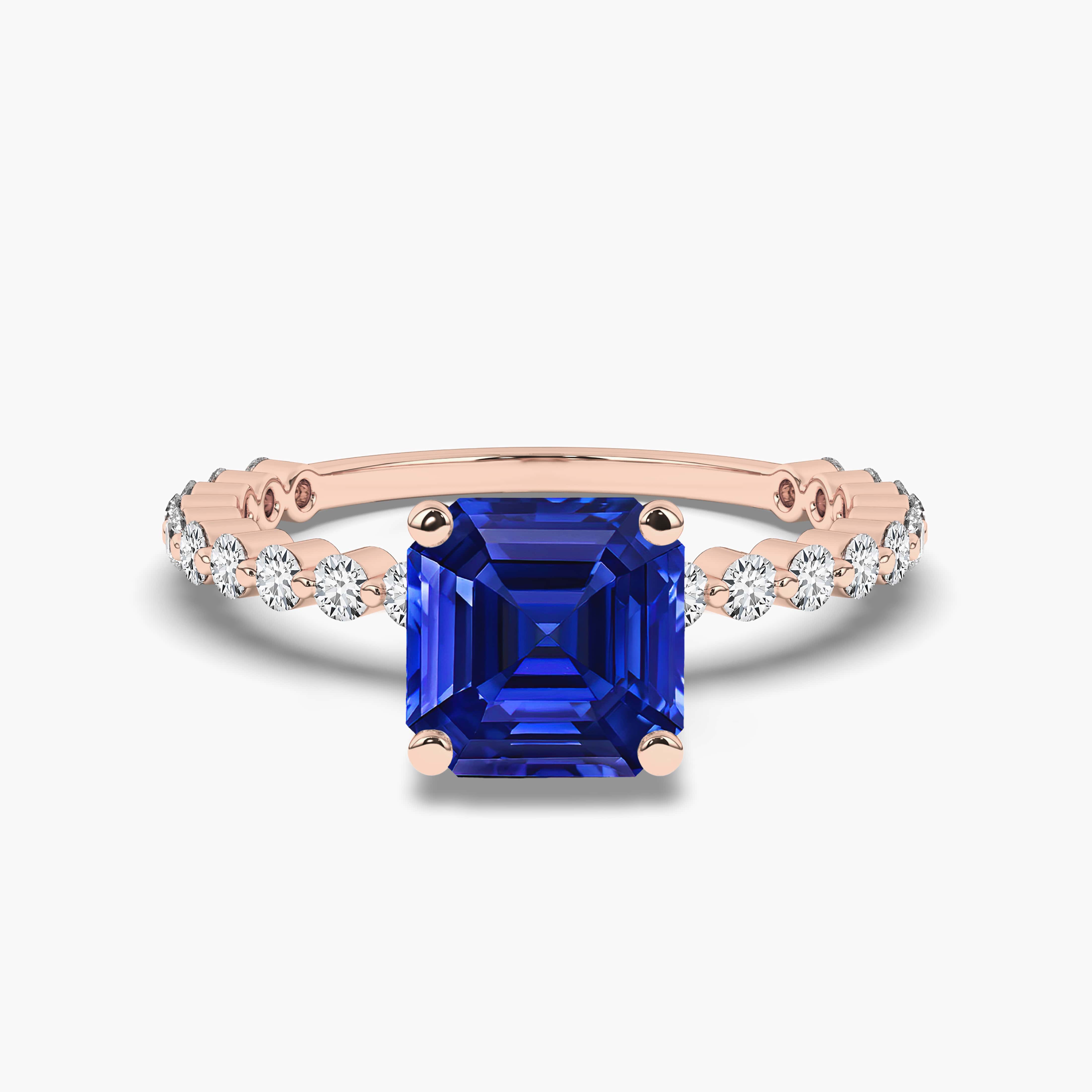 Asscher Cut Engagement Rings with Blue Sapphire in Rose Gold