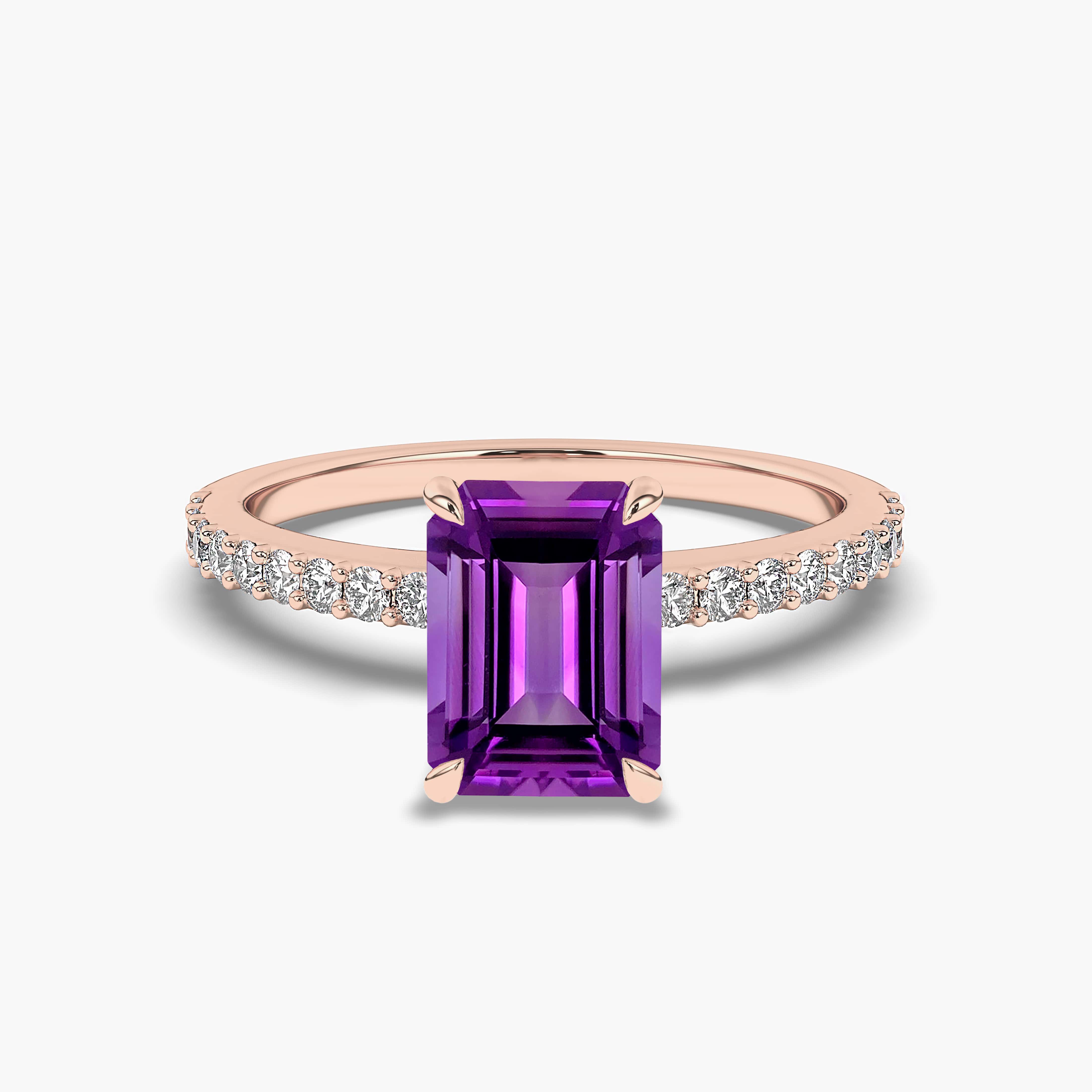 Emerald  Shaped Amethyst Side Gemstone Engagement Ring