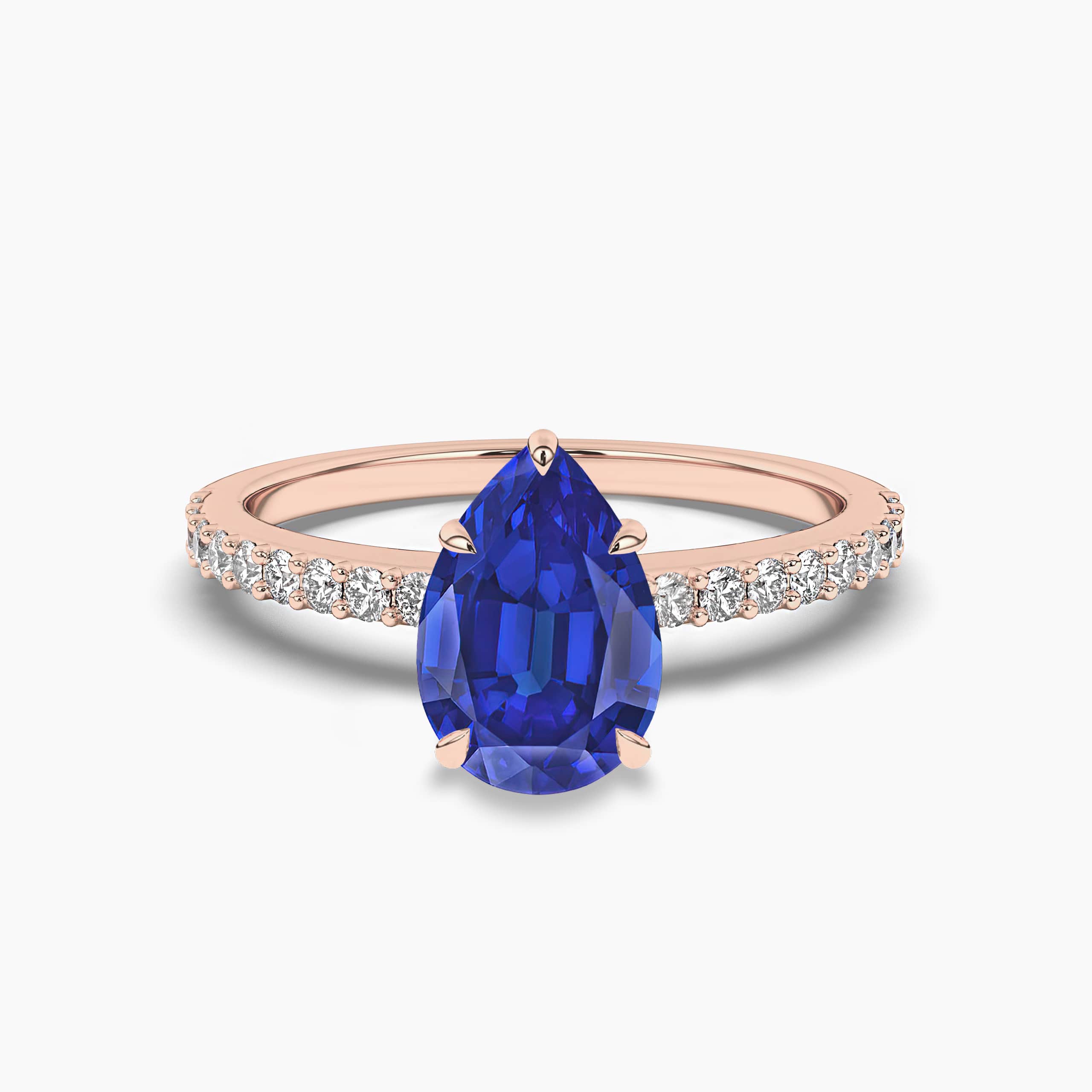 Pear Blue Sapphire and Diamond Bridal wedding ring set on Rose Gold