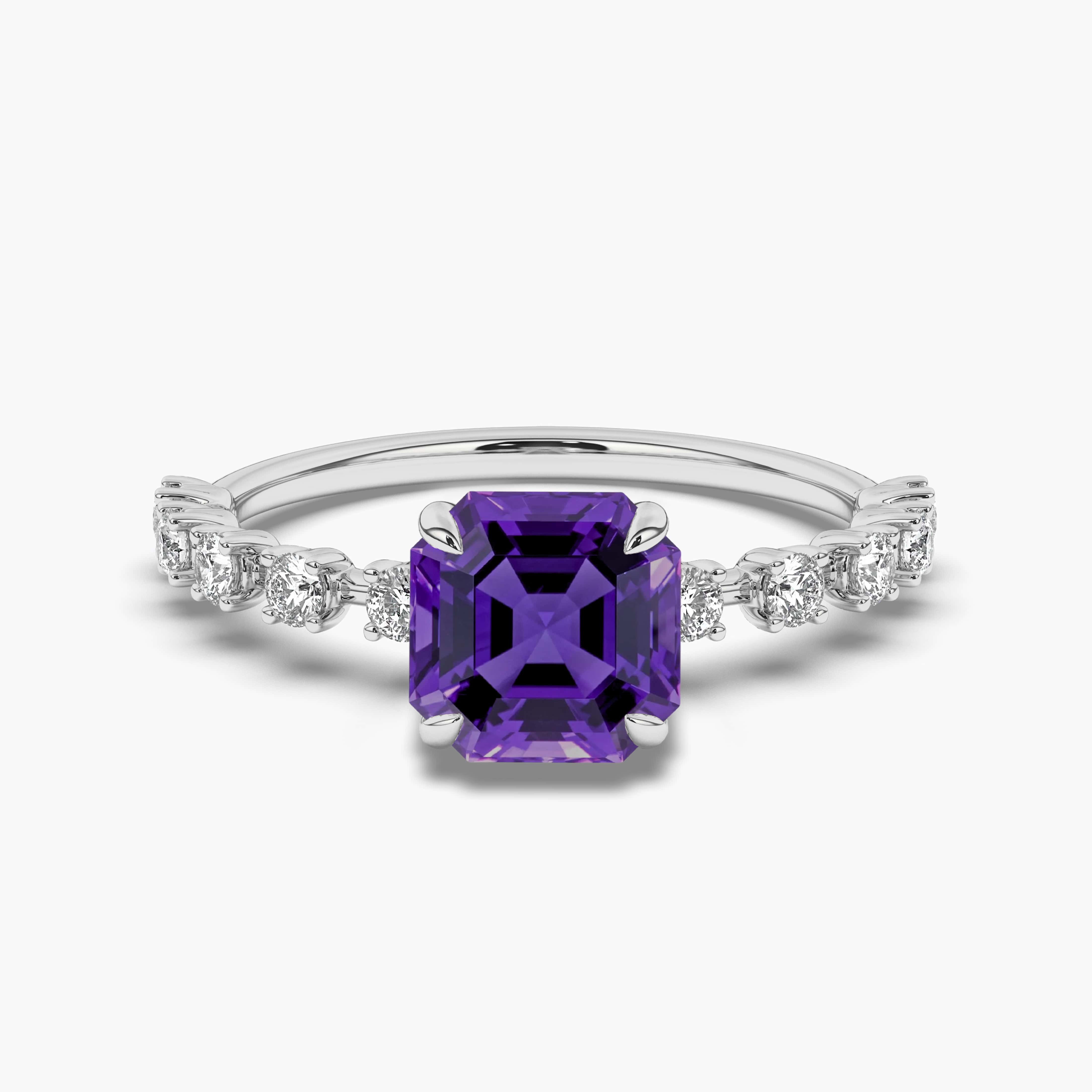 Asscher Cut Amethyst Diamond Ring in White Gold