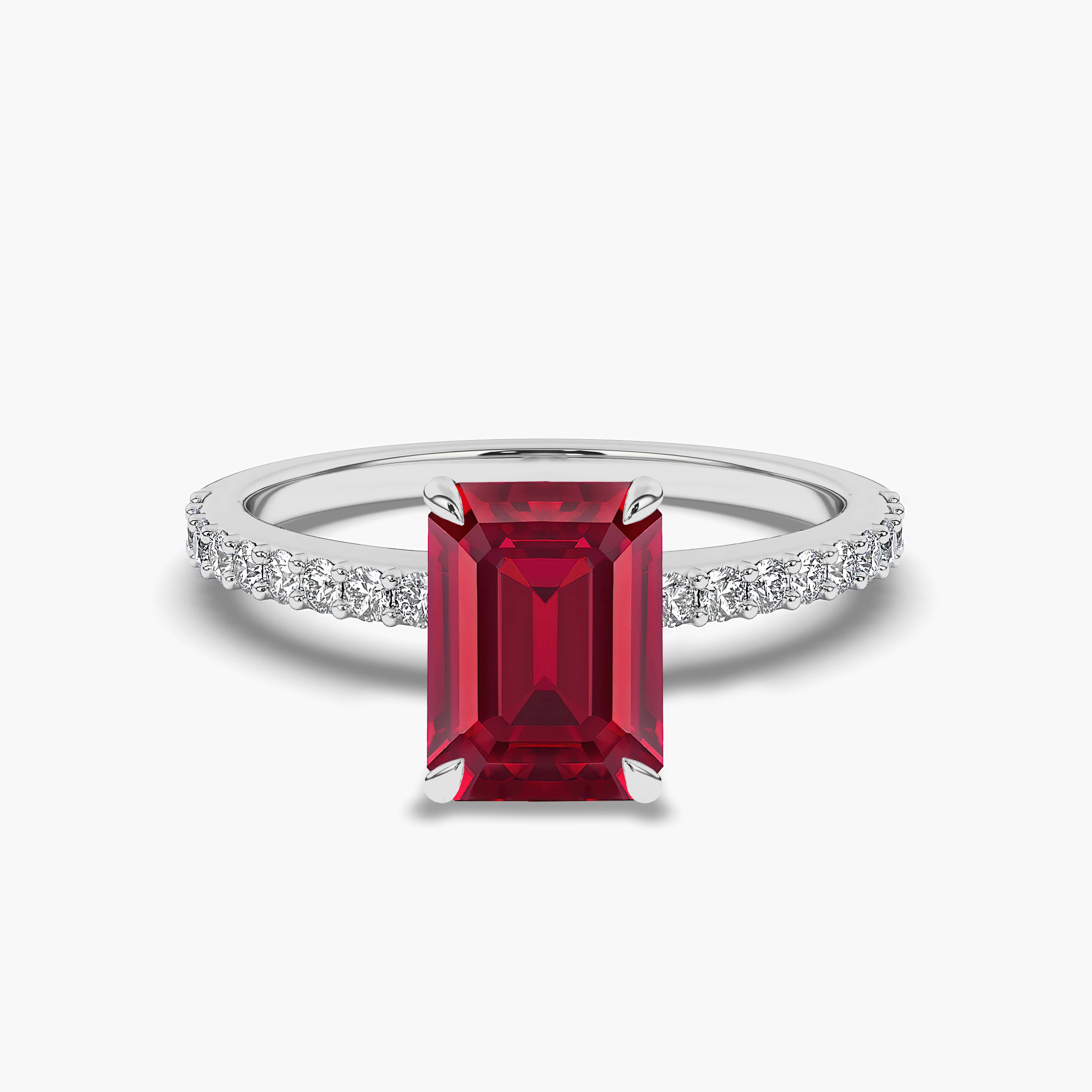 Emerald Cut Created Ruby and Lab Grown Diamond Engagement Ring