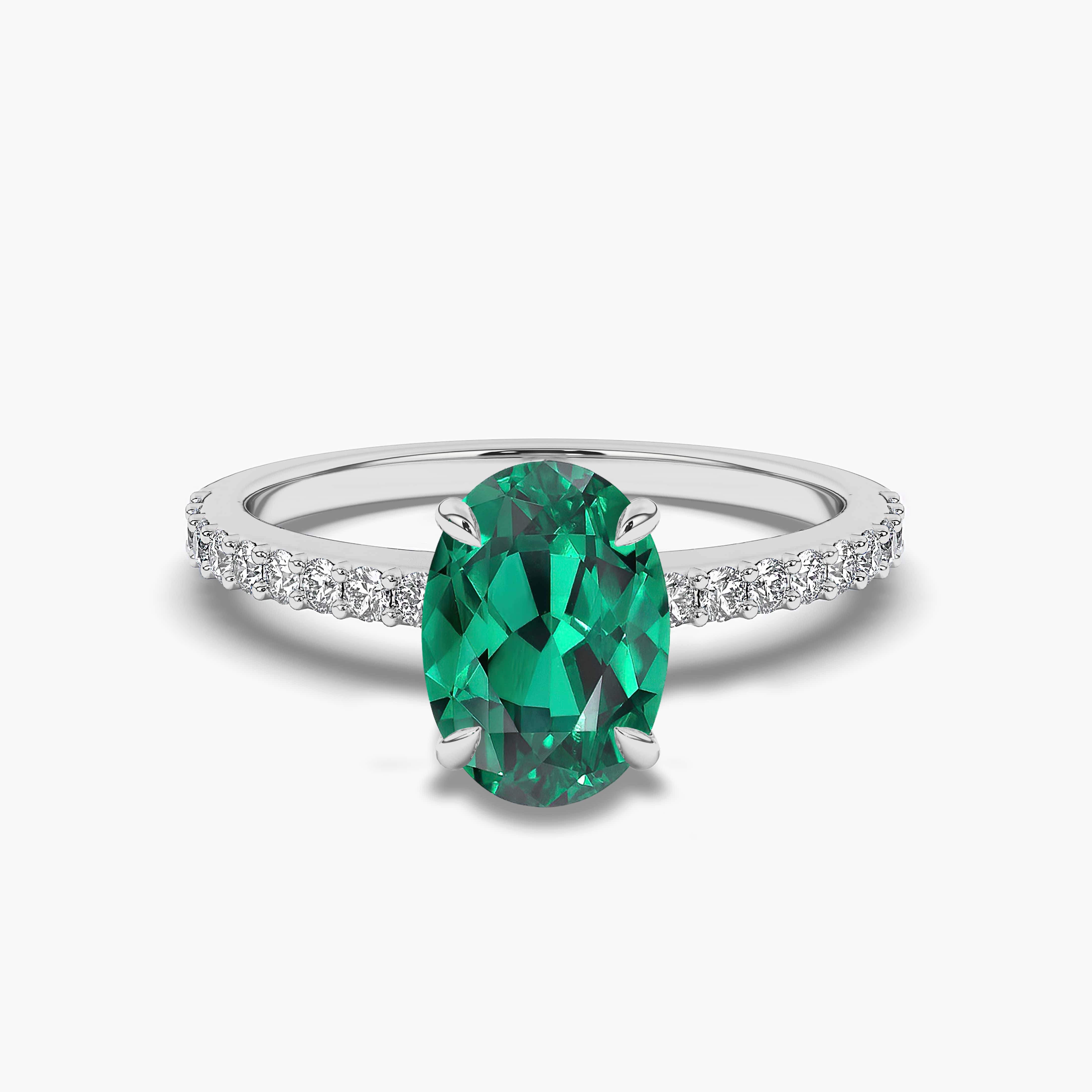 Oval Cut Lab Emerald & Diamond Ring With White Gold