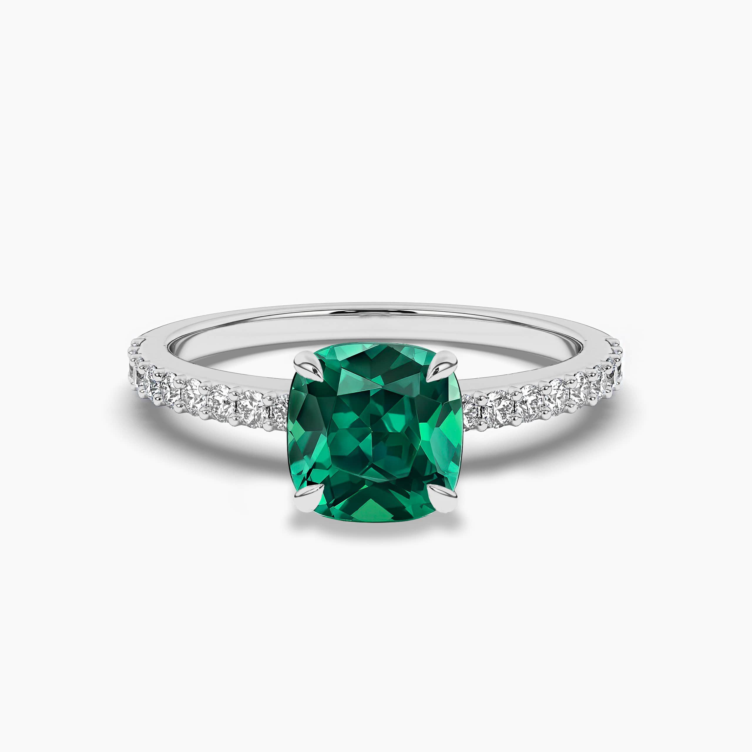 Cushion Cut Emerald and Halo Diamond Ring In White Gold