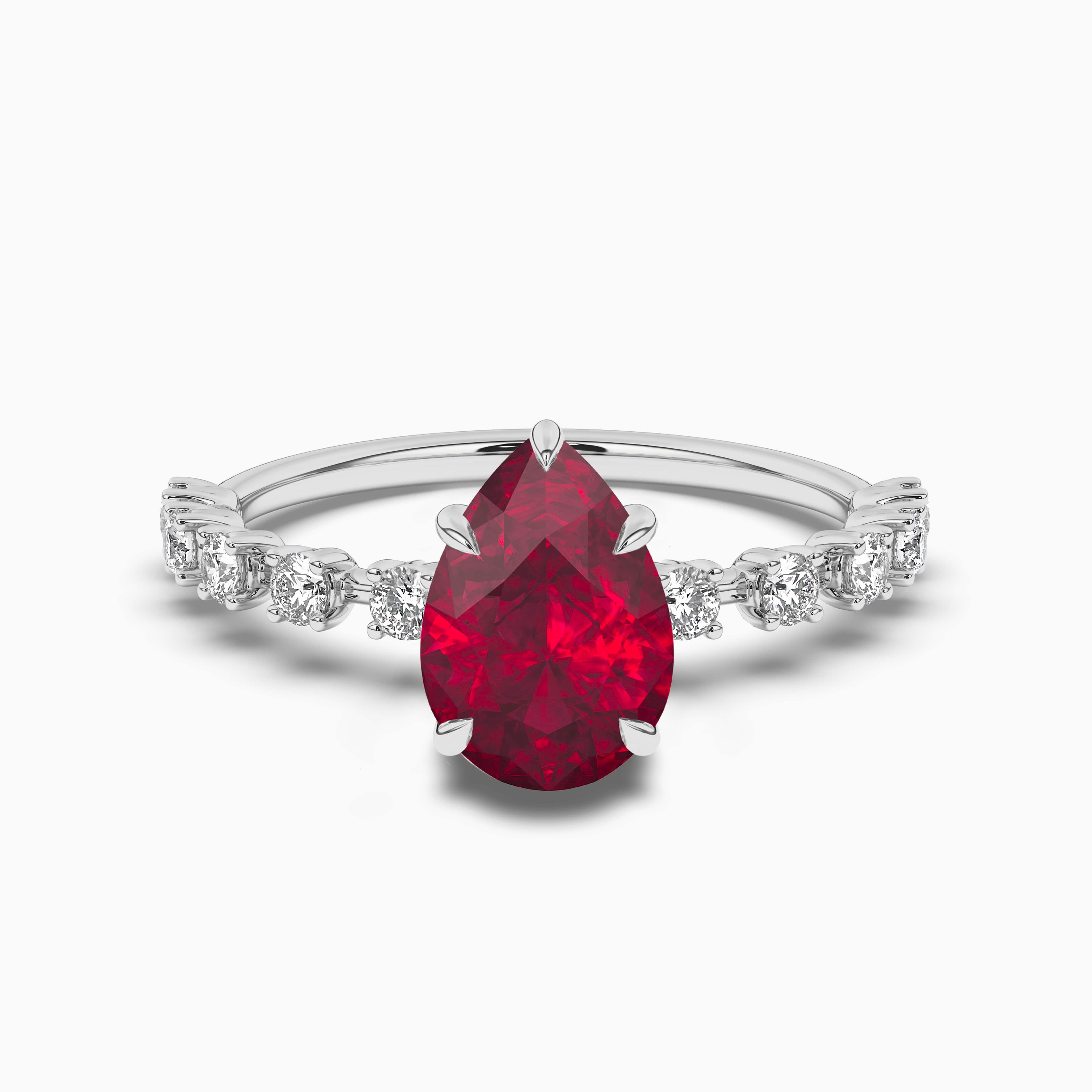 WHITE GOLD SYNTHETIC RUBY PEAR SHAPE DIAMOND  DESIGN RING
