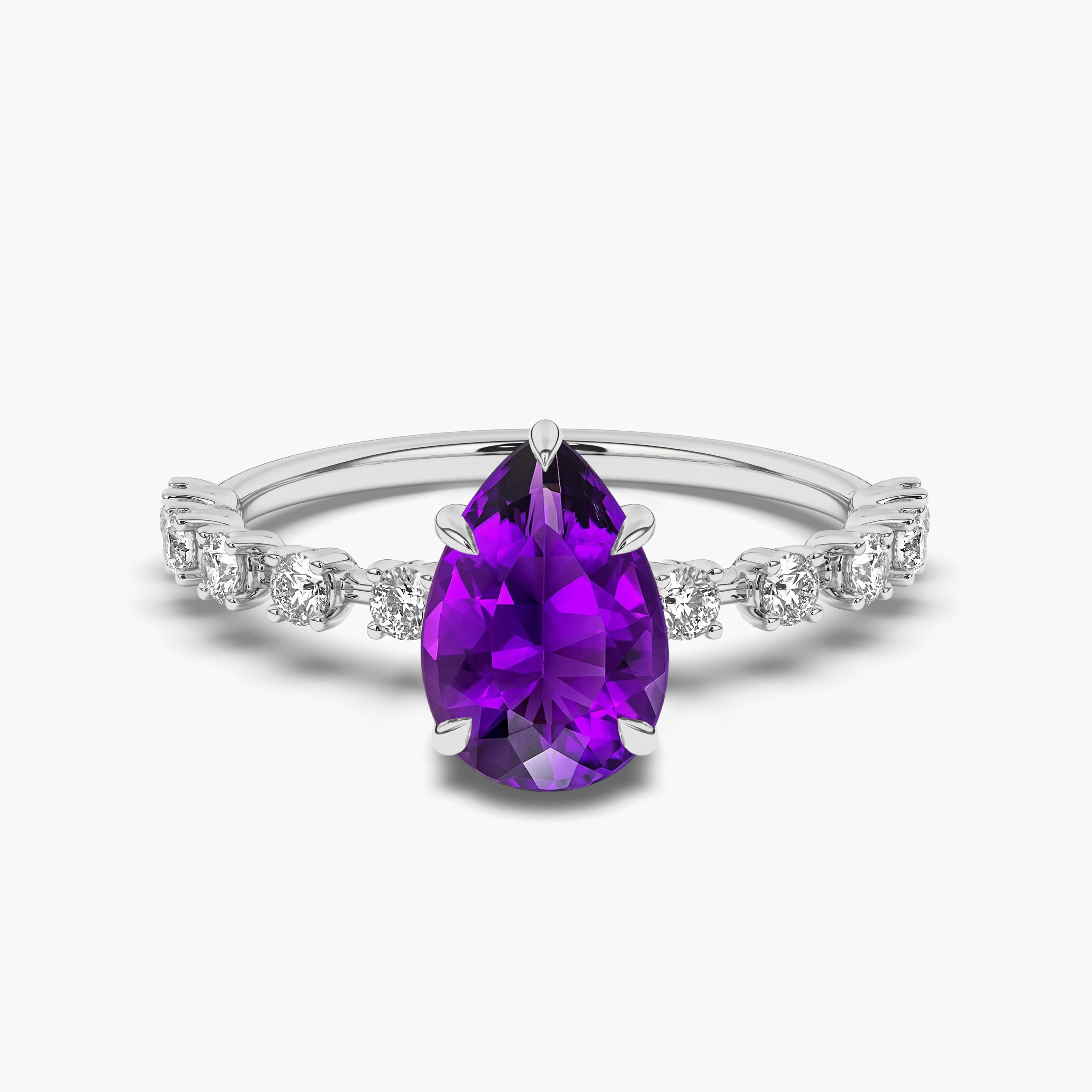 Pear Cut Amethyst Center And Diamond Ring In White Gold