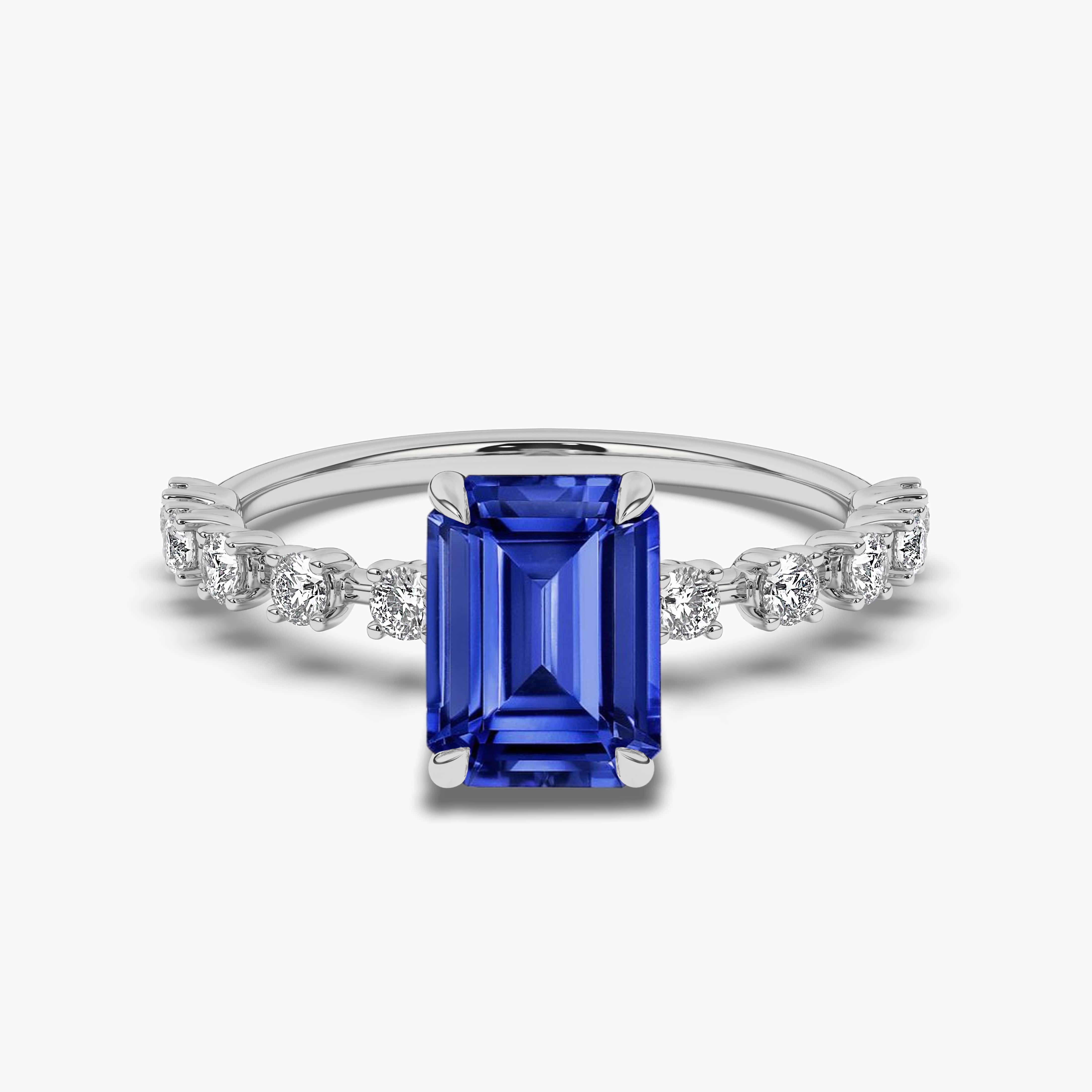 White Gold Emerald Cut Blue Sapphire Ring 