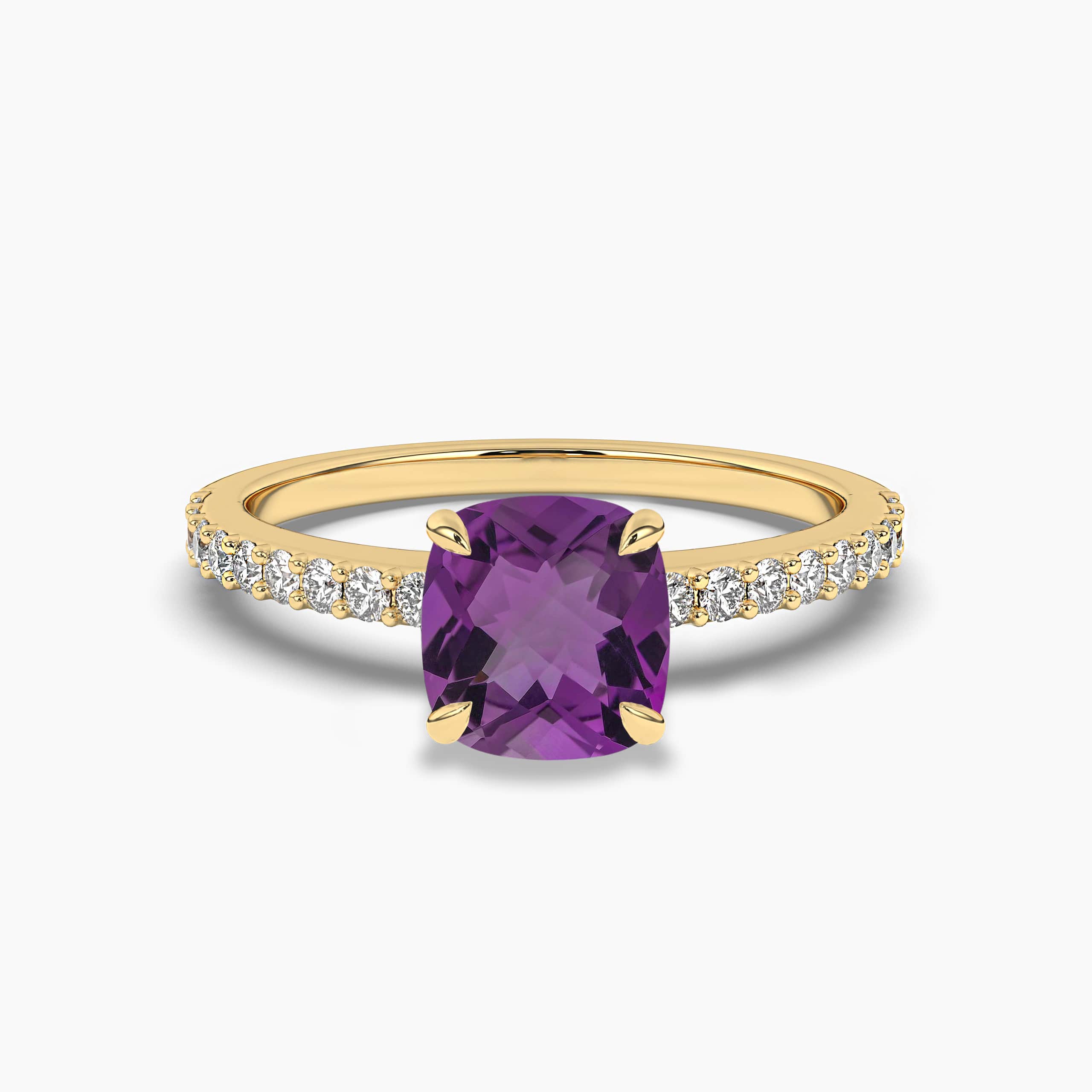 CUSHION CUT AMETHYST IN YELLOW GOLD DIAMOND RING