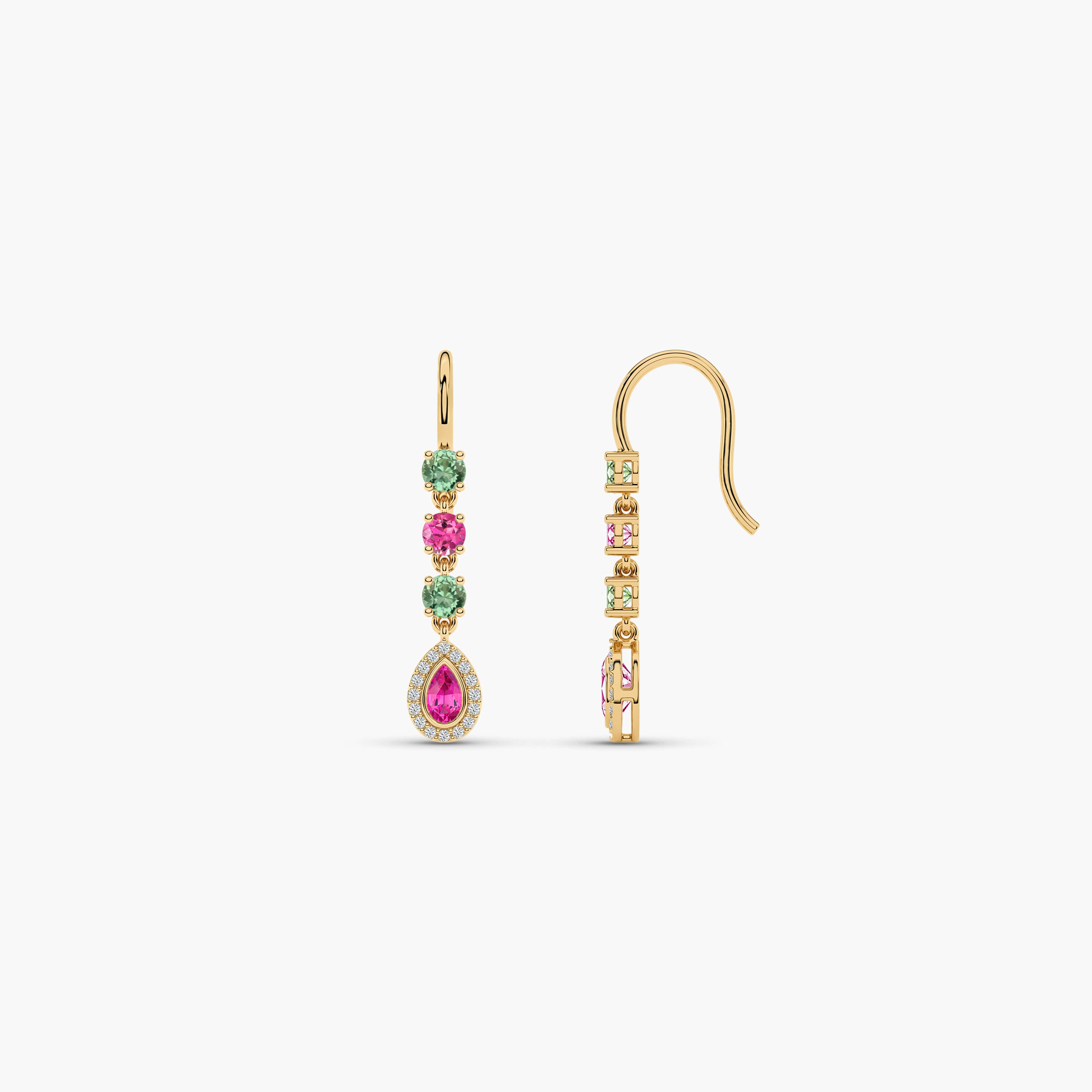 Pink and Green Sapphire Diamond Drop Earring