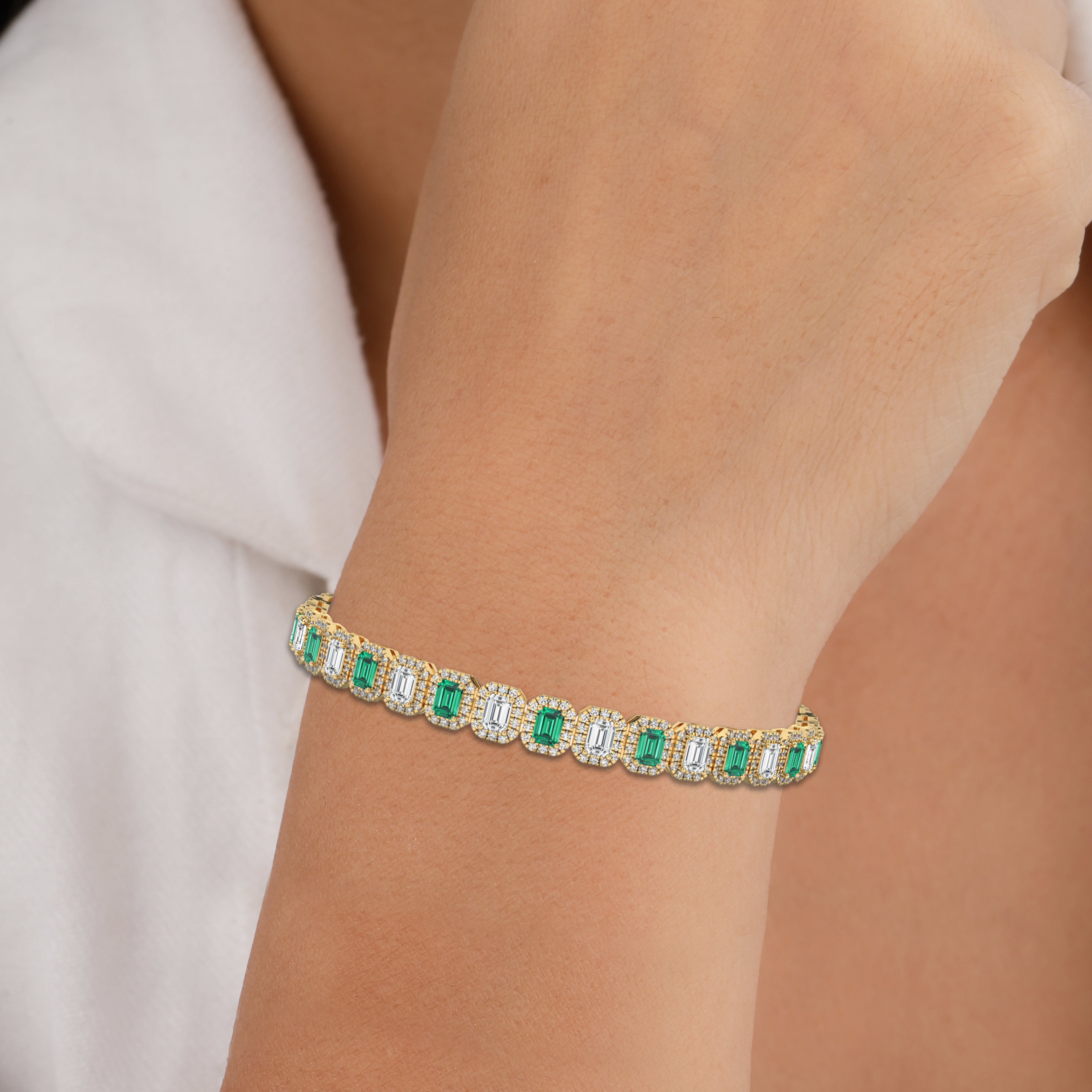 Diamond & Green Emerald Gemstone Halo Bracelet For Women