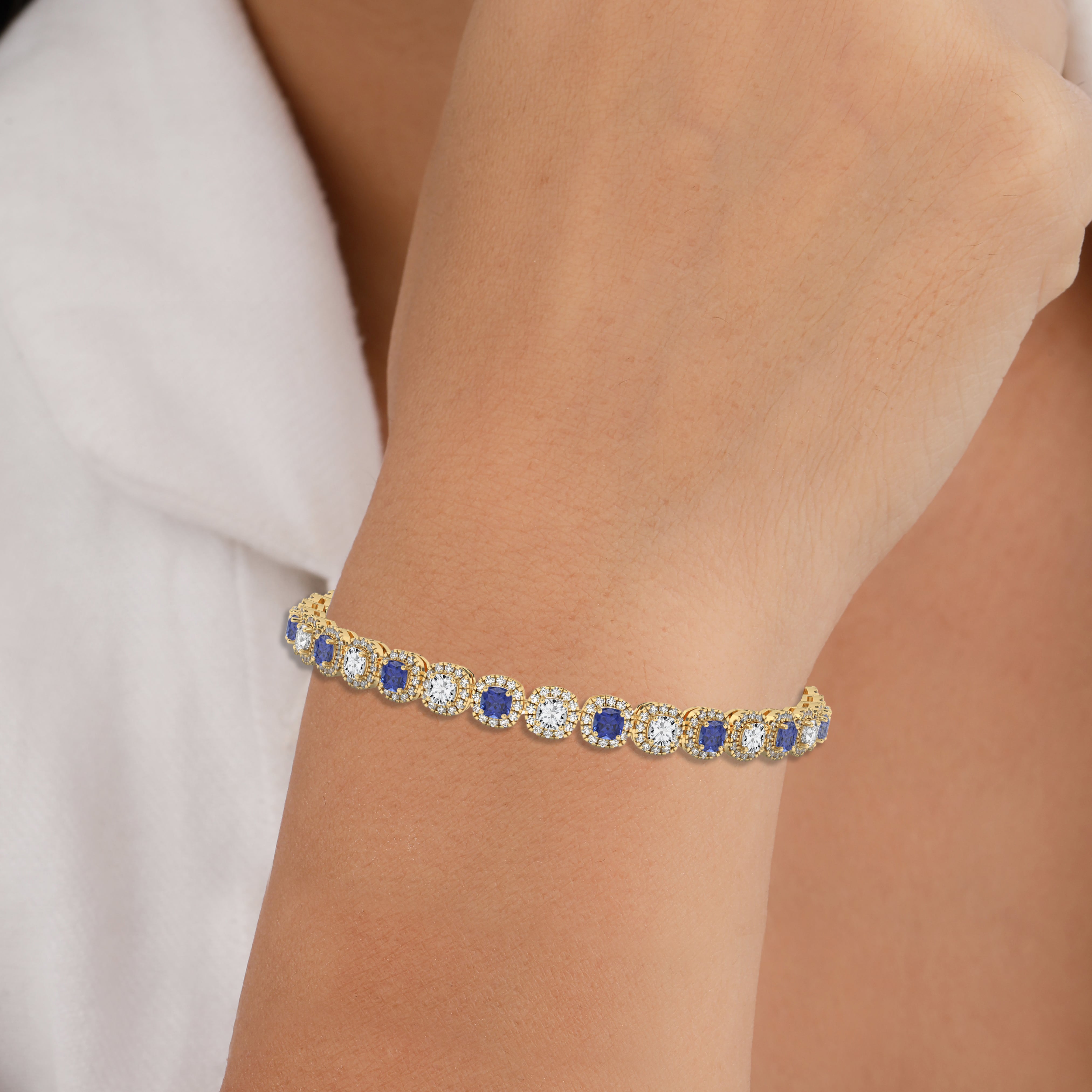 Cushion Cut Blue Sapphire Halo Tennis Bracelet For Woman's