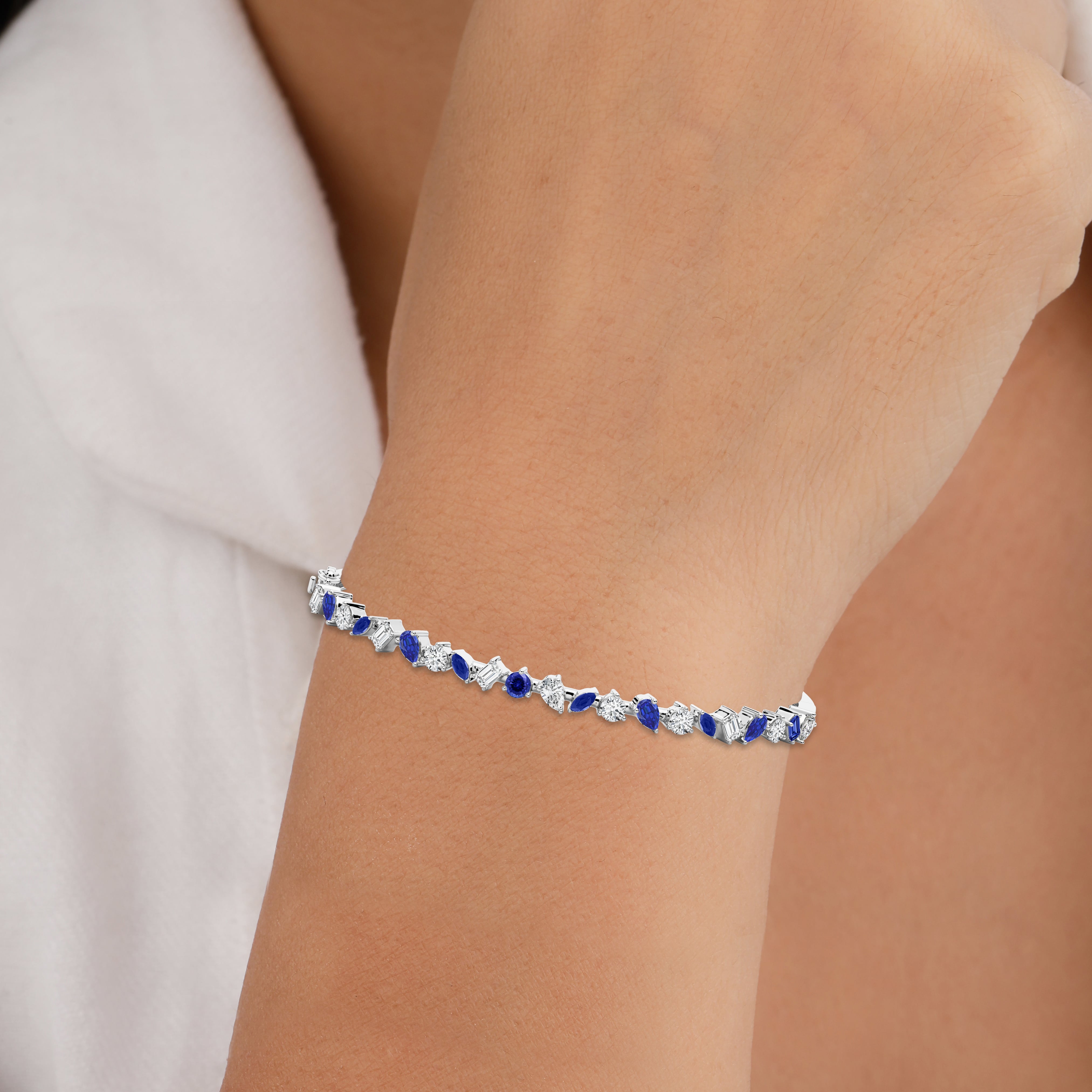 Multi Shape Blue Sapphire Diamond Engagement Bracelet For Woman