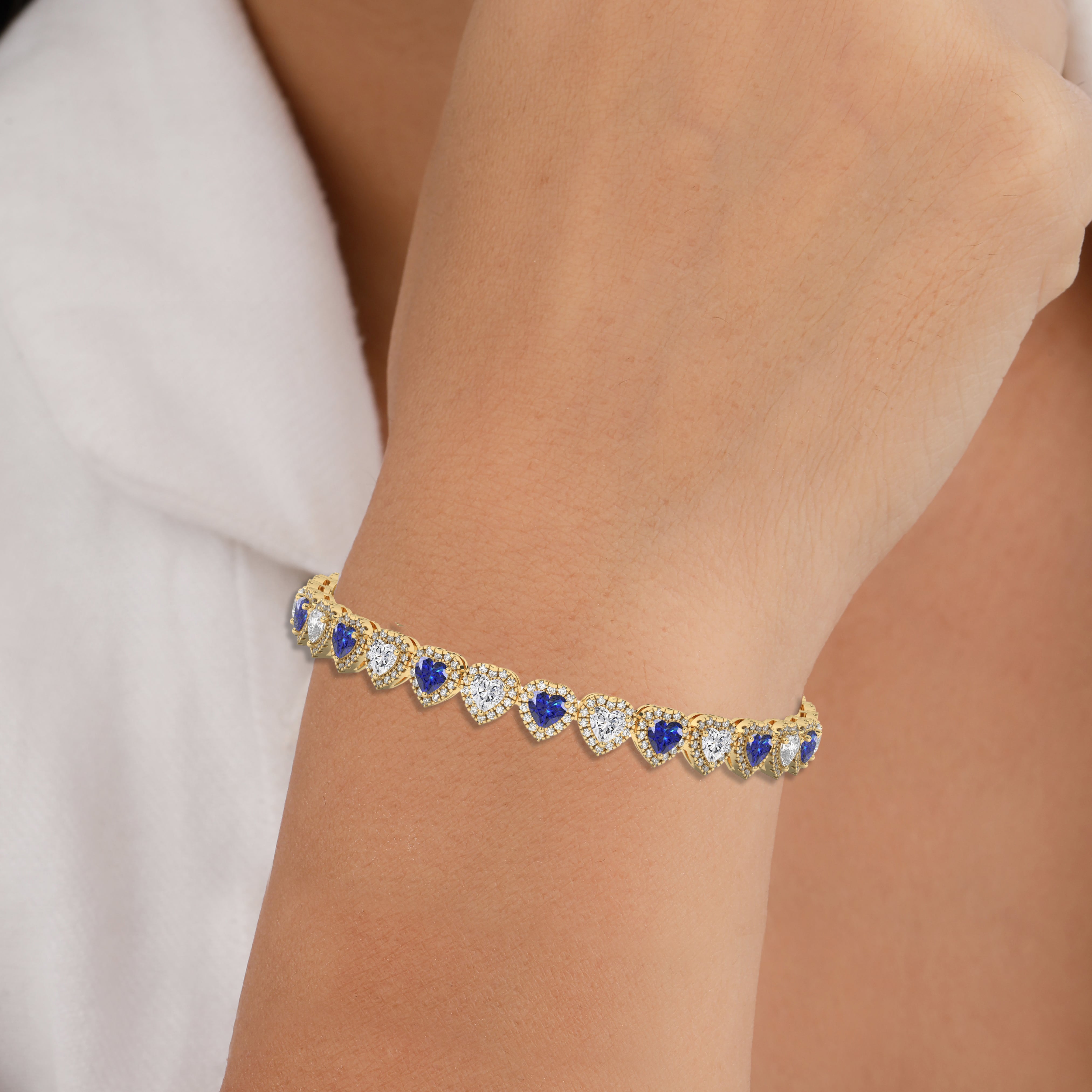  Heart Cut Blue Sapphire & Diamond Halo Bracelet