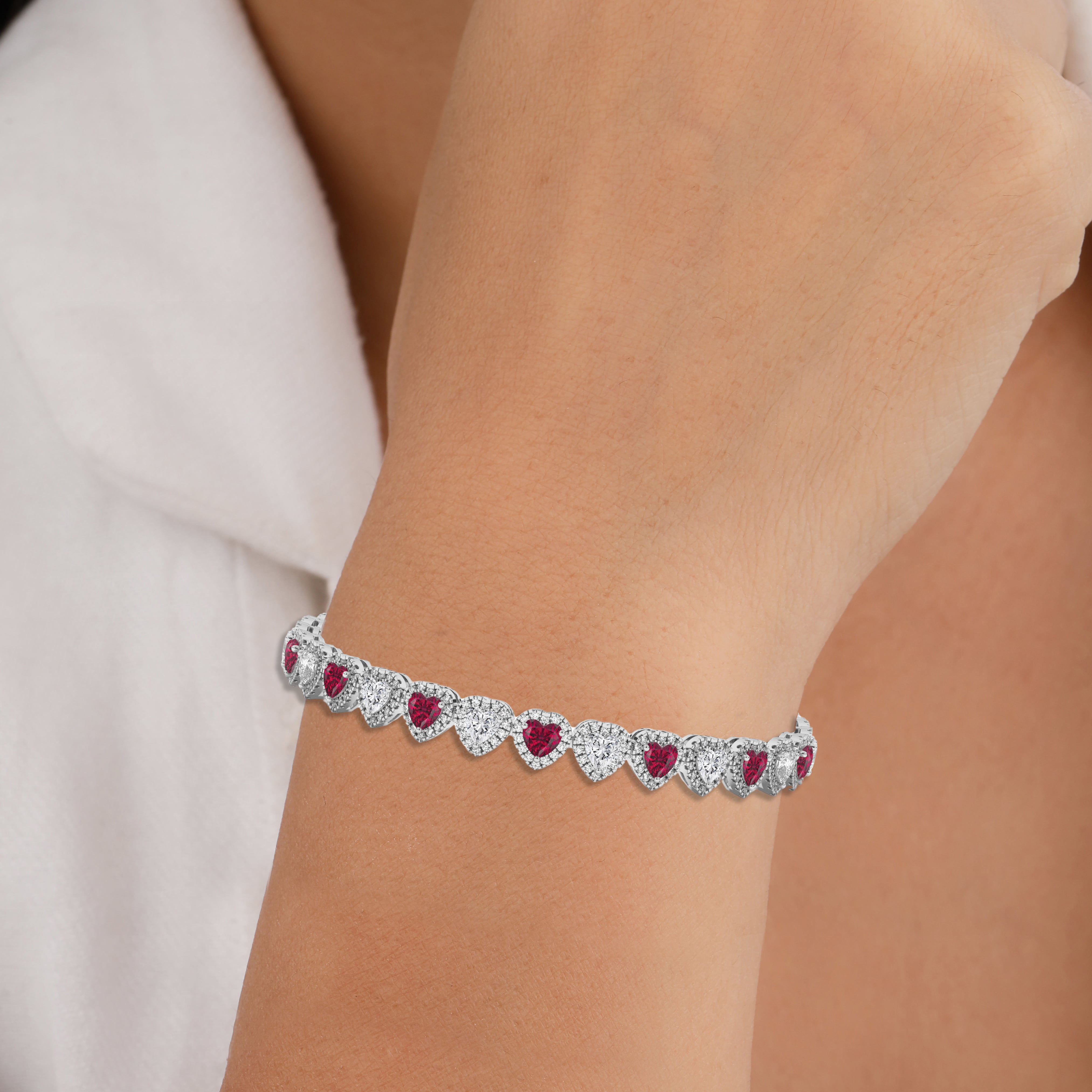 Heart Cut Ruby and Diamond Halo Tennis Bracelet