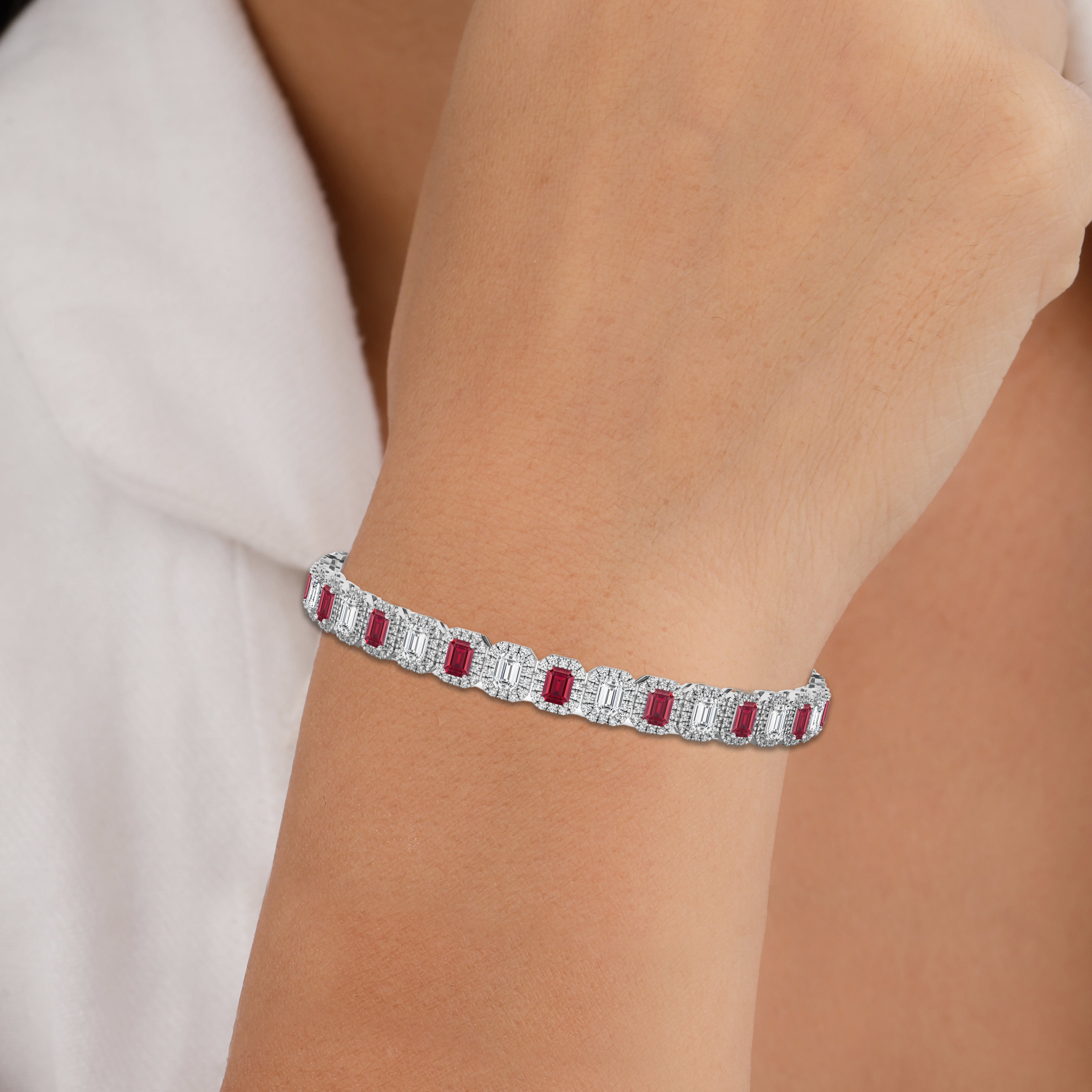 Emerald Cut Ruby Gemstone Halo Bracelet For Woman 