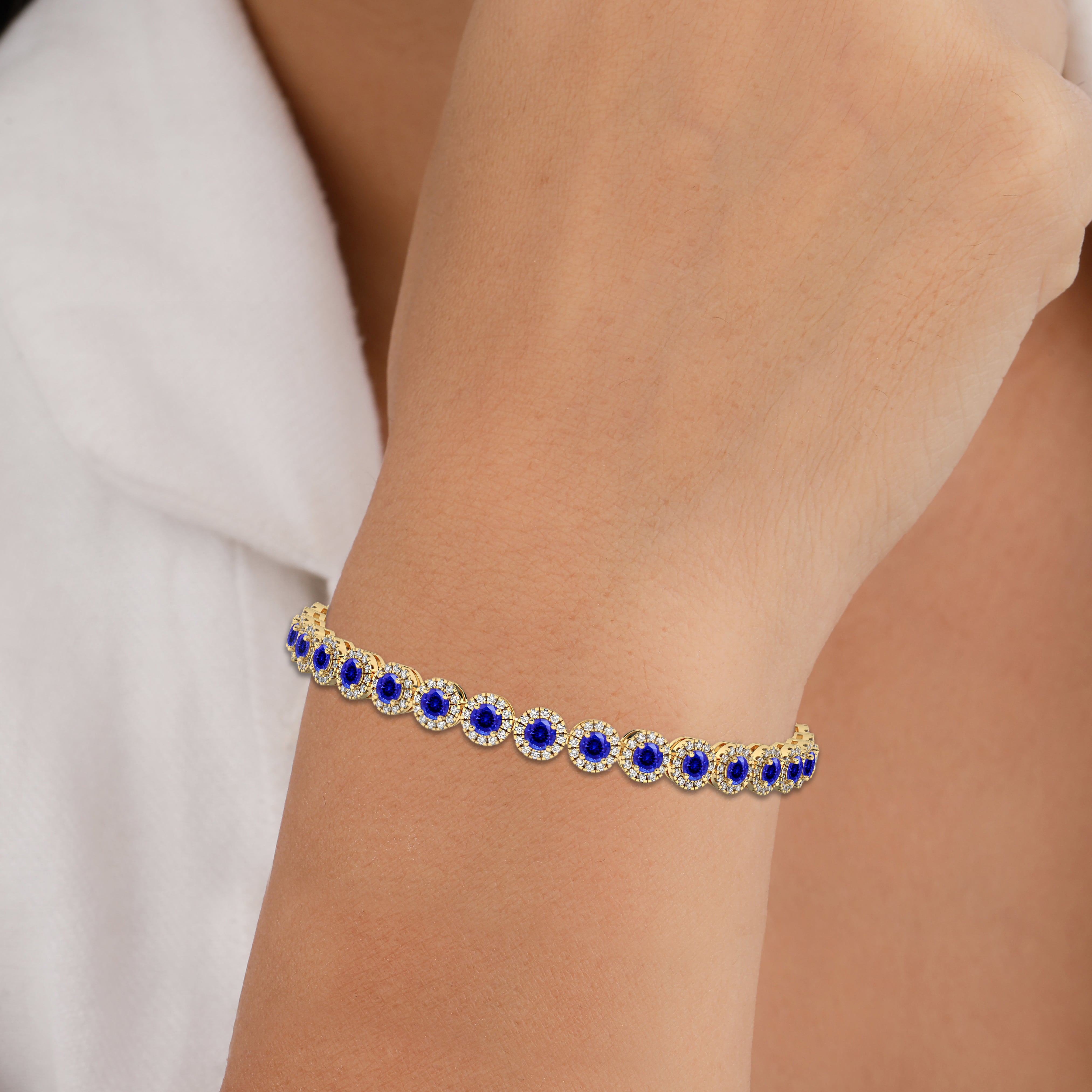 Blue Sapphire Round Cut Tennis Bracelet For Women In Rose Gold