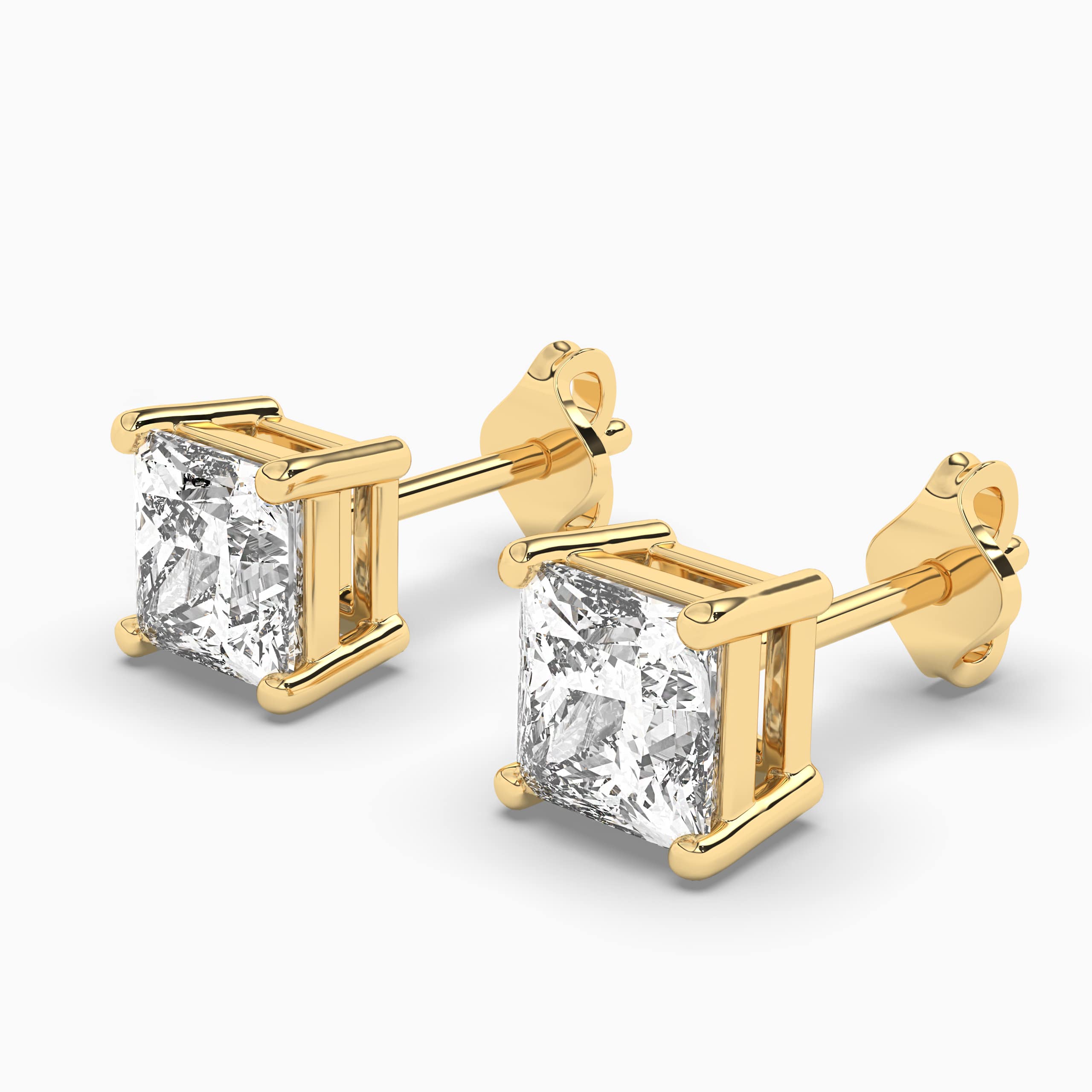 Princess-Cut Diamond Solitaire Stud Earrings in Yellow Gold