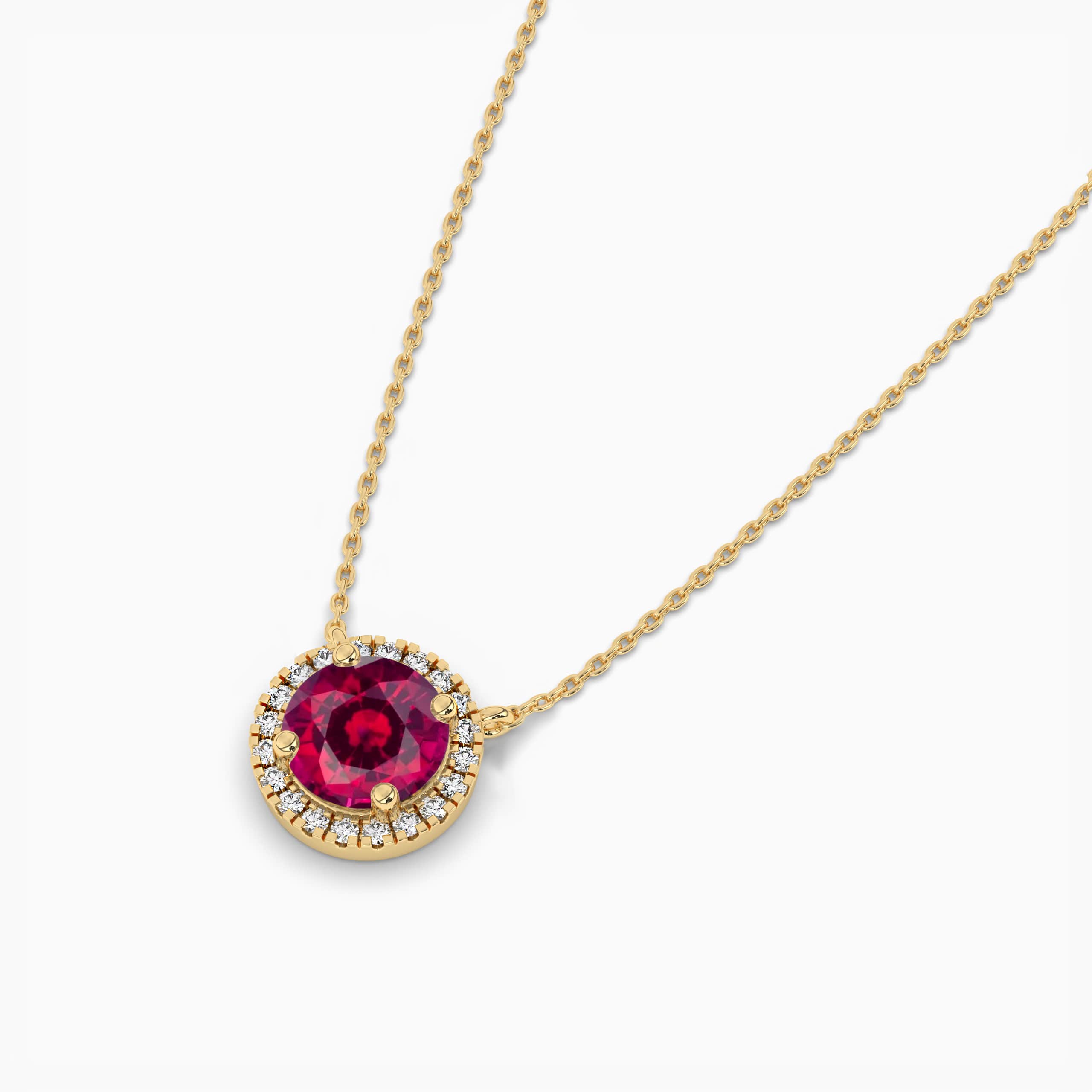 Yellow Gold Round Halo Ruby And Diamond Necklace