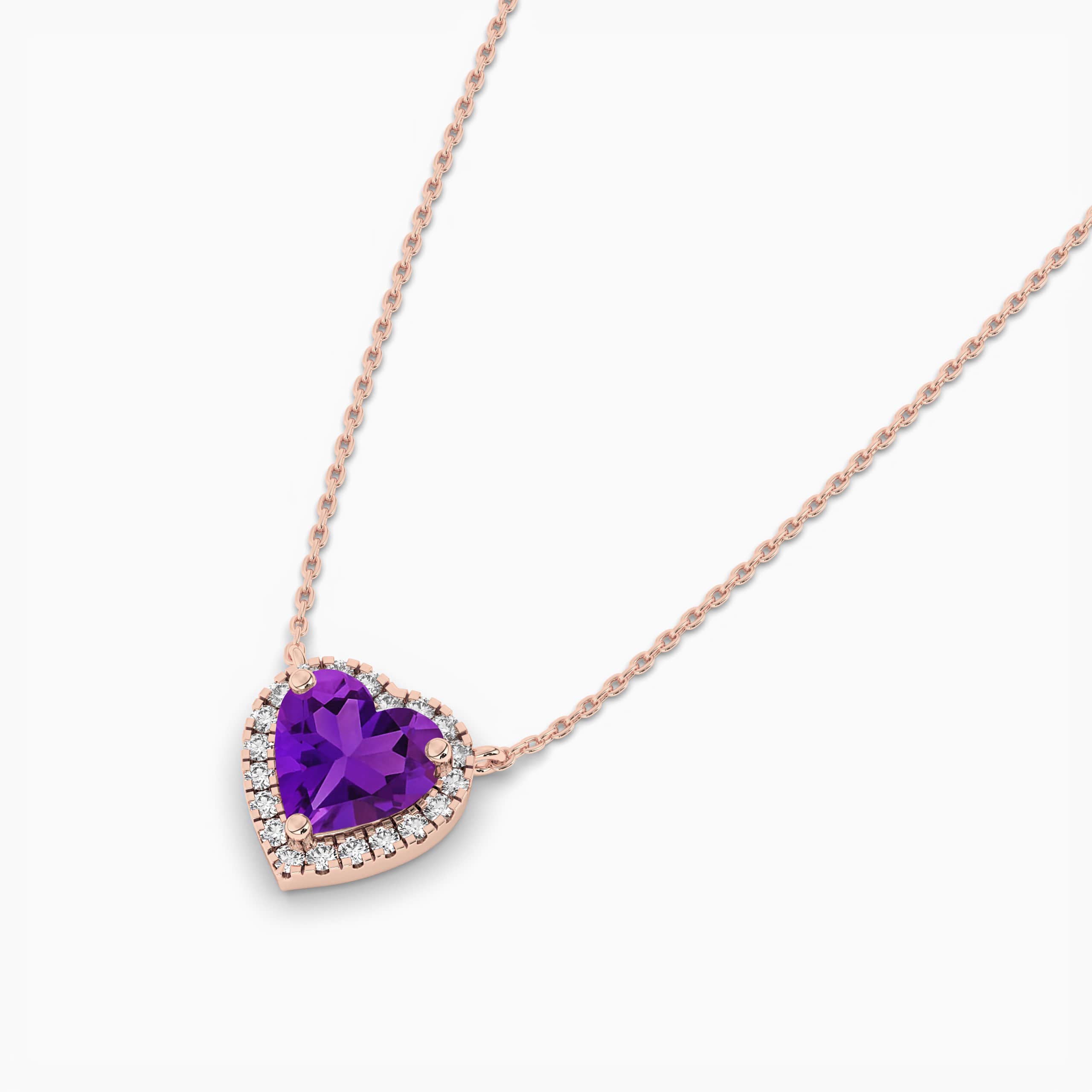 Amethyst & Diamond Heart  Pendant Necklace in Rose Gold
