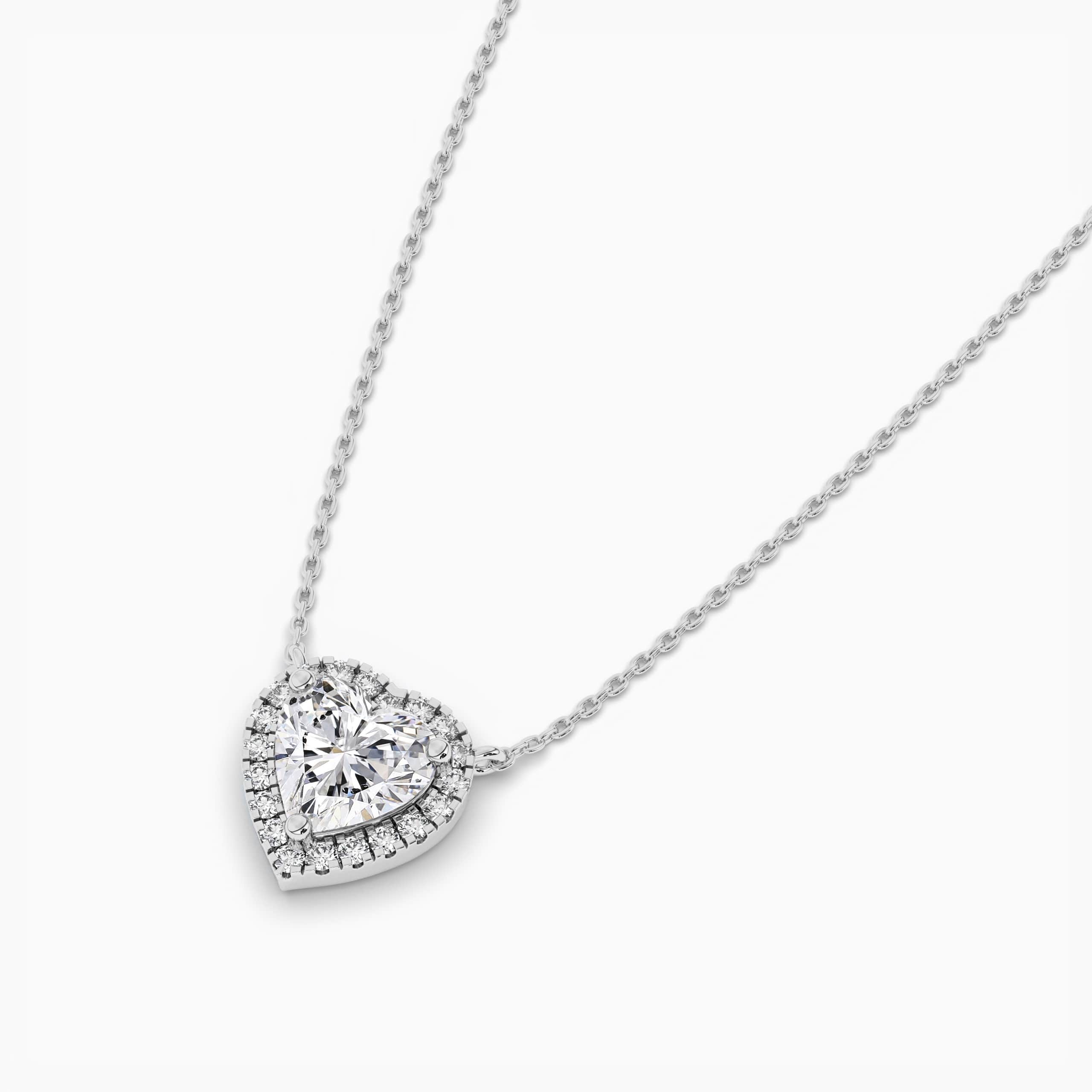 WHITE GOLD NECKLACE WITH HEART SHAPED DIAMOND HALO PENDANT