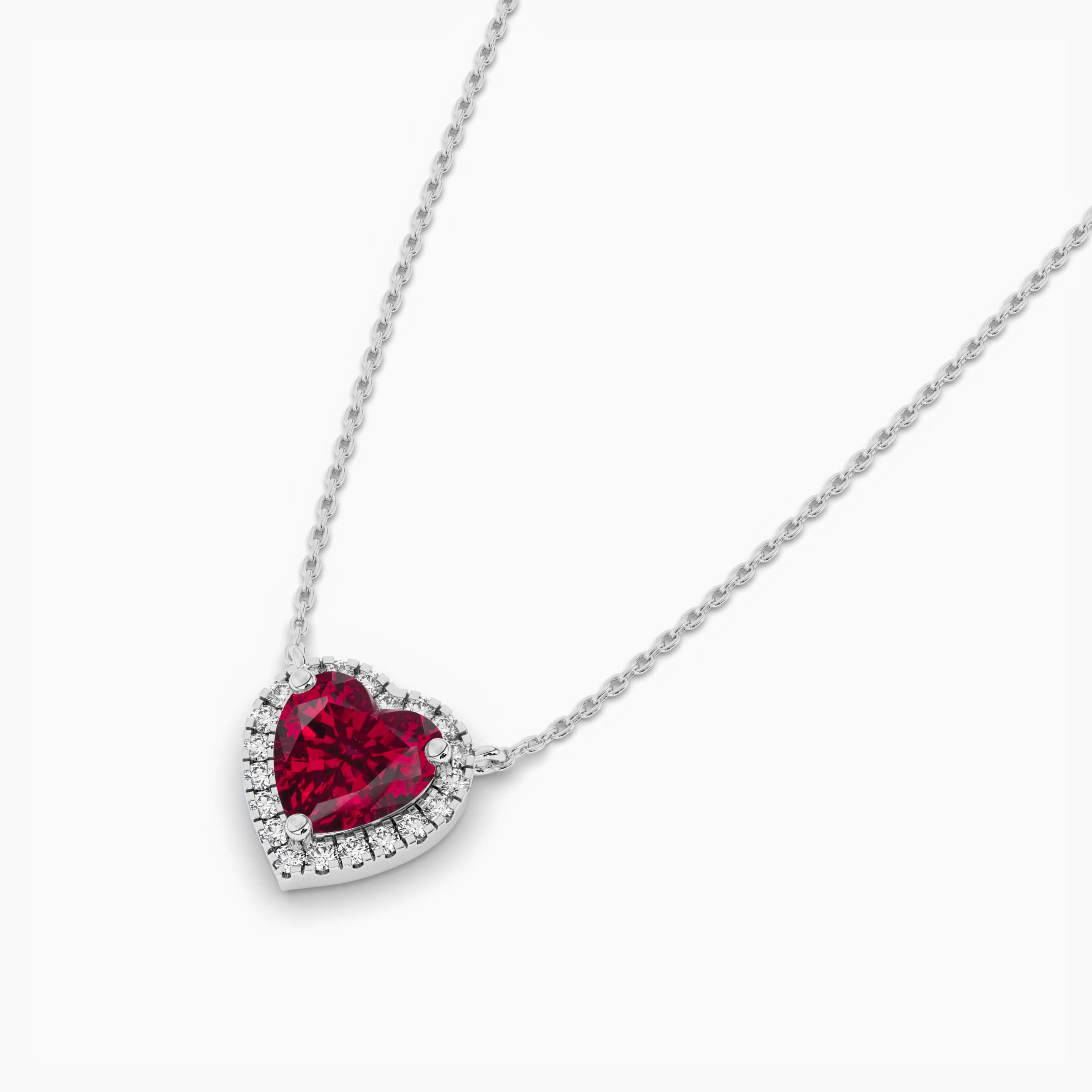 RUBY AND DIAMOND HEART HALO PENDANT, WHITE GOLD