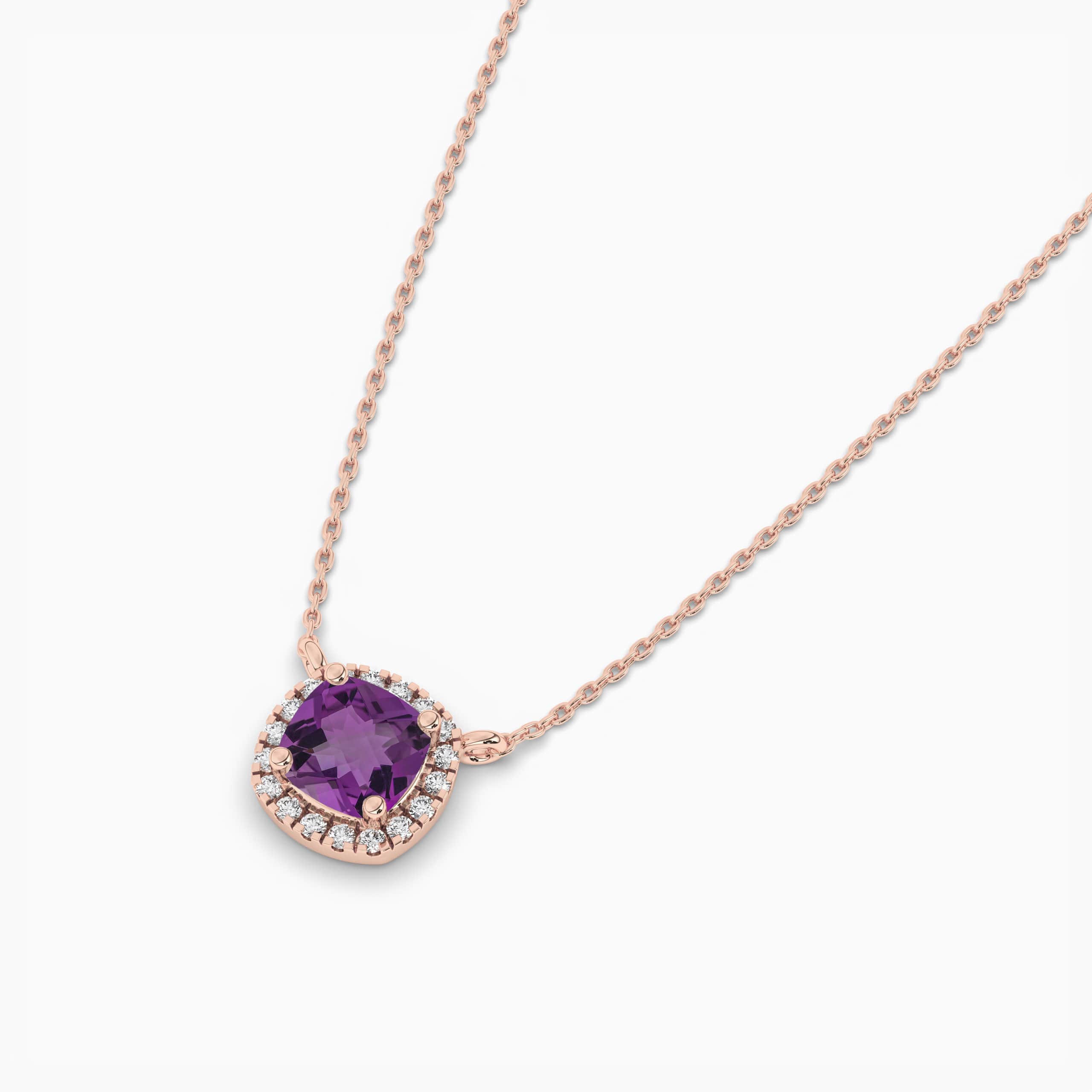 Rose Gold Lavender Amethyst Checkerboard Cushion And Diamond Halo Necklace