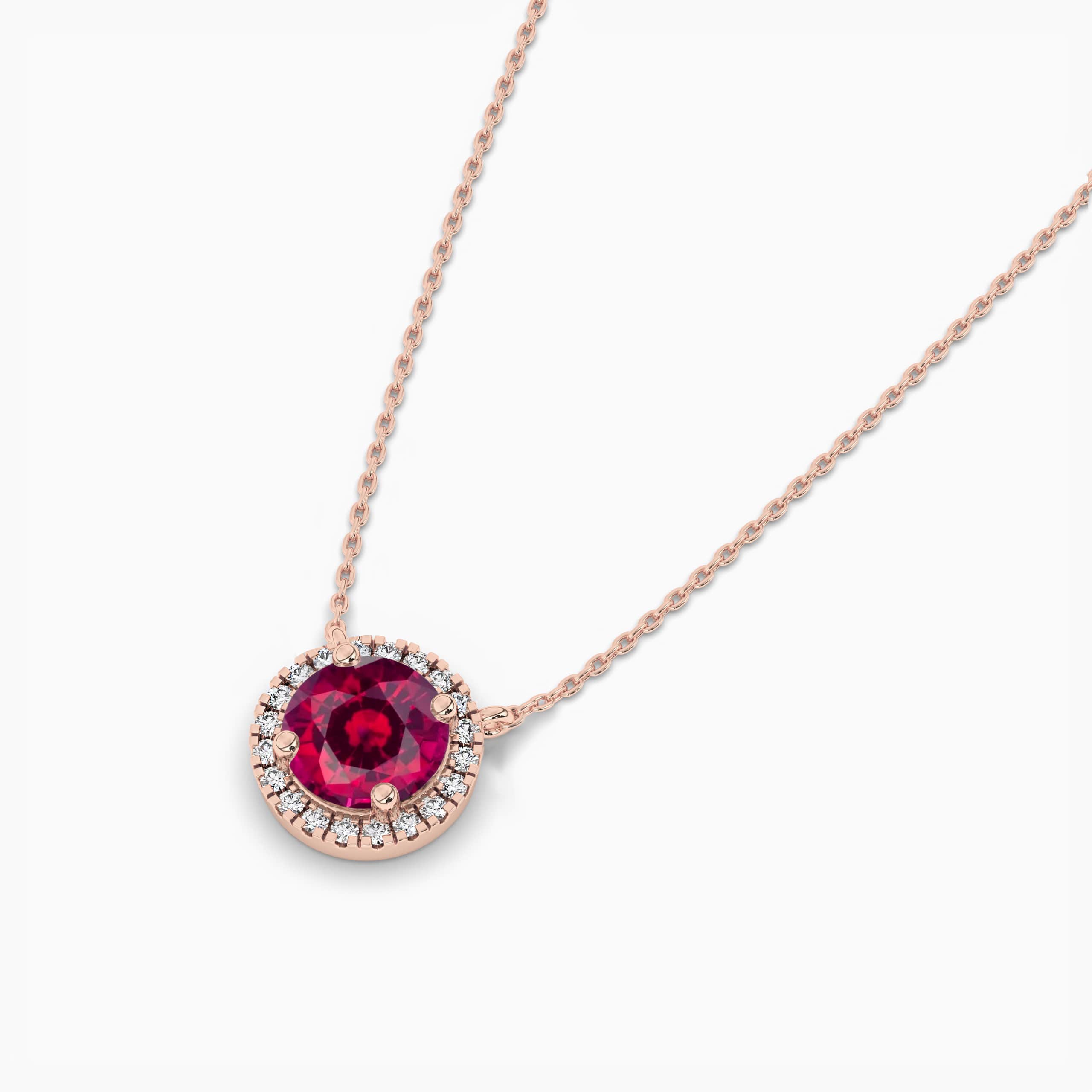 Petite Round Ruby Necklace With Diamond Halo In Rose Gold